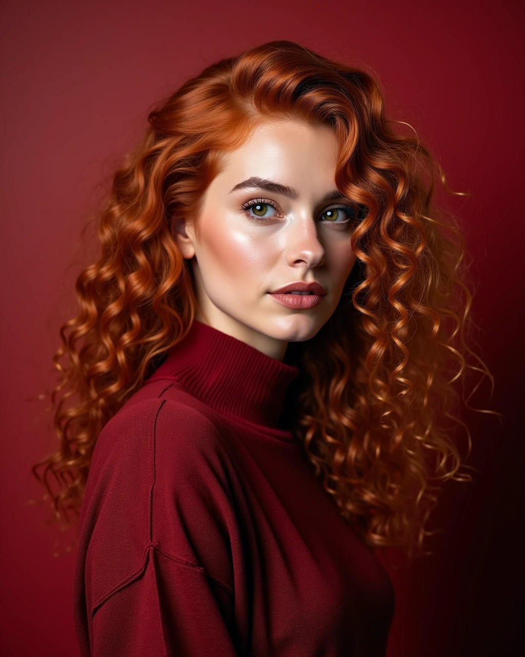 gorgeous woman close up portrait photo,curly red hair, wearing a dark red sweater ChinFixer-2000 style , studio photo, rembrandt lighting, flat red background<lora:Flux\chinfixer-2000.safetensors:0.0:0.0>