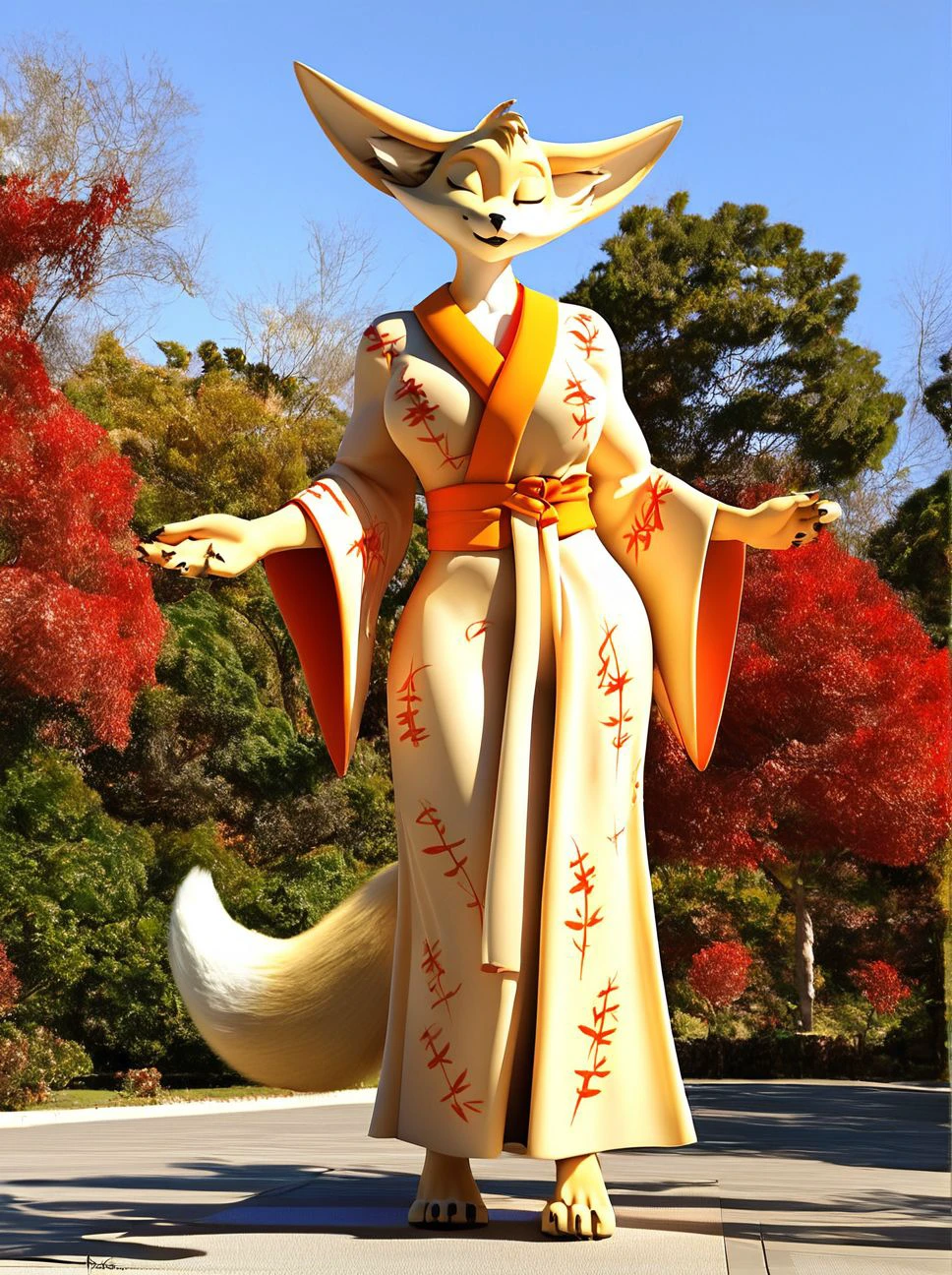 score_9, score_8_up, score_7_up, source_furry, ((masterpiece)), best quality, 1girl, solo, standing outside, (anthro, fox), (detailed background, asian, asian tree, asian park), (full body, emotion face, closed eyes), huge humanoid long feet, barefoot, day,  asian clothes,  <lora:Kimota_ZP92_PDXL_V1-07:1>  Kimota,