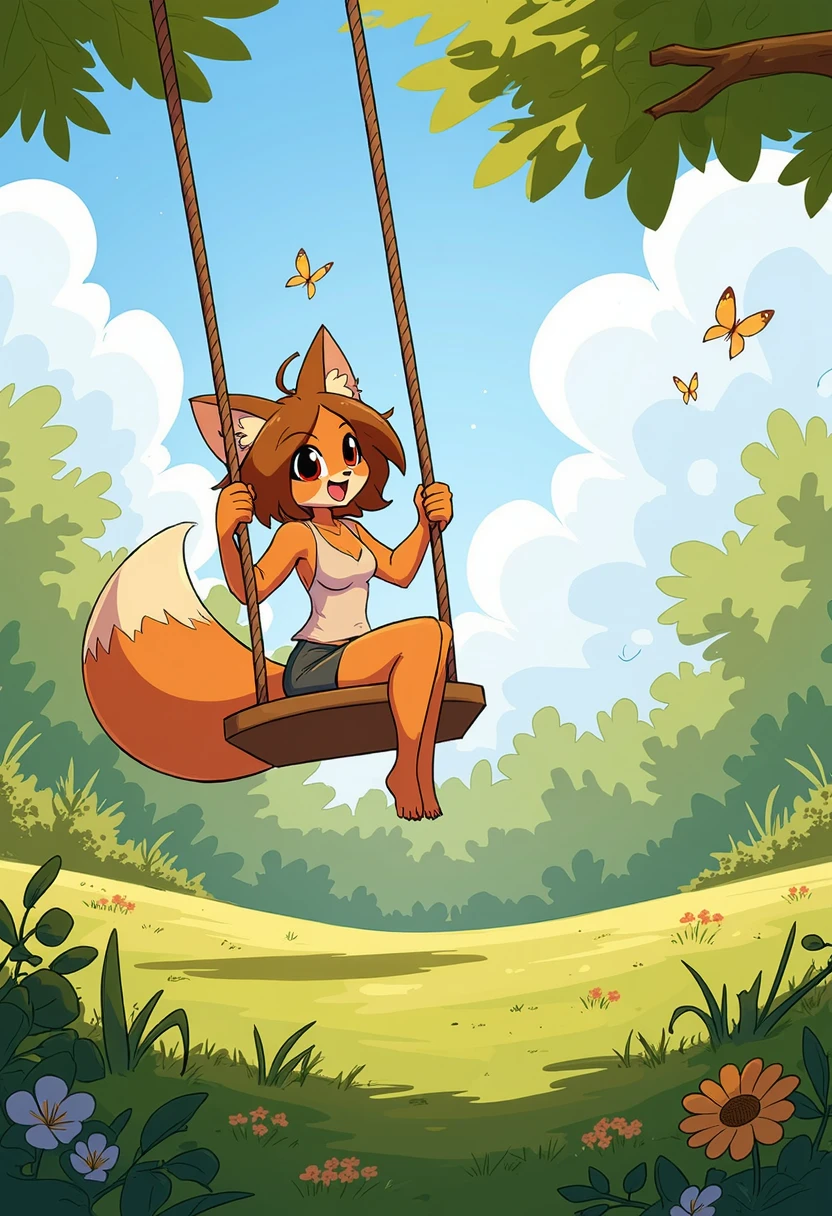 a cute foxgirl playing in a park on a swing. Its a summer day with small butterflies in the background