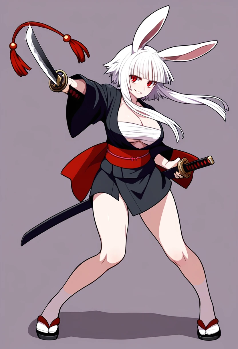 masterpiece, best quality, good quality,
1girl, albino, white skin, hime cut, short hair, white hair, red eyes, animal ears, rabbit girl, large breasts, katana, holding sheath, black kimono, obi, long locks, full body, eyelashes, parted lips, smile, tareme, ninja, battle pose, fighting stance, sarashi