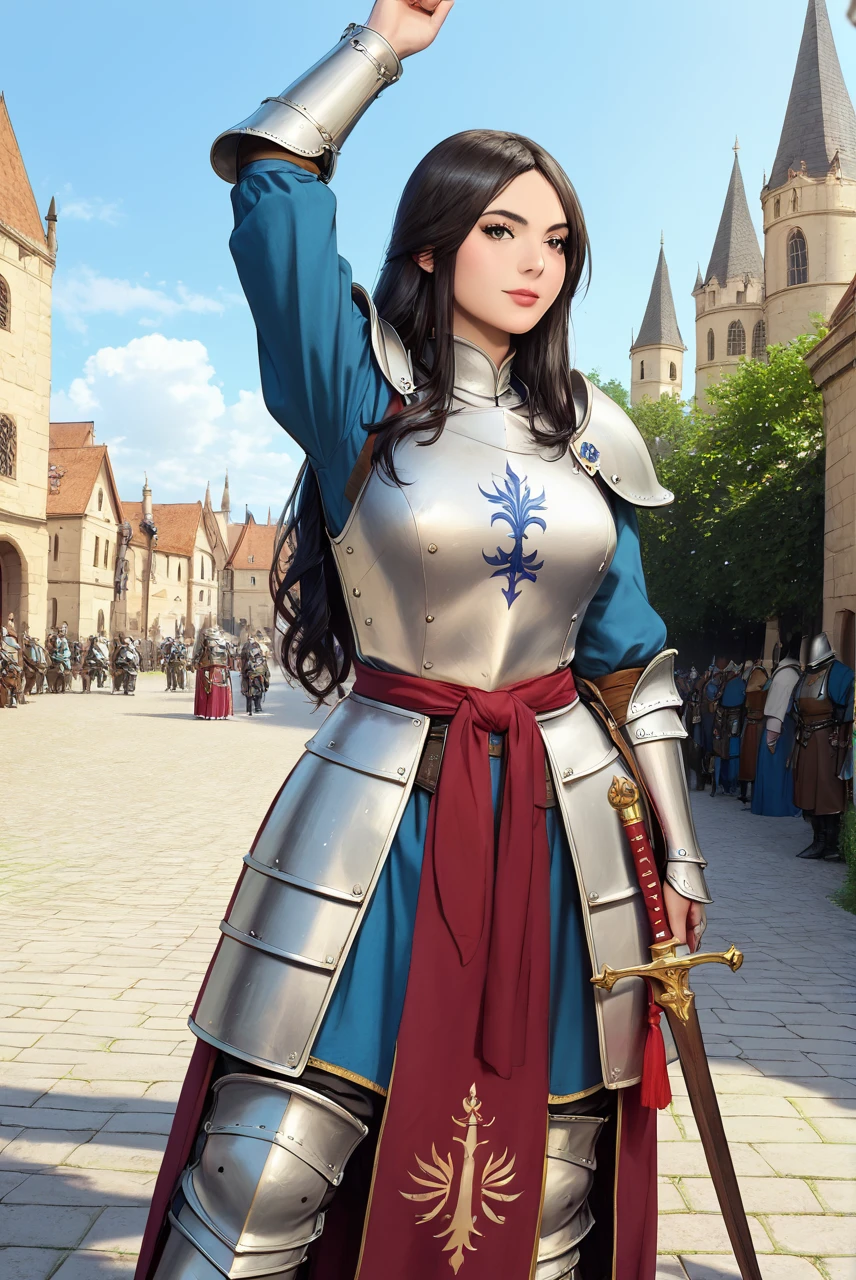 zPDXL3, safe_pos, masterpiece, best quality, highly detailed, score_9, score_8_up, score_7_up, nyvi, woman, 1girl, black hair, long hair, photo background, medieval, armor, knight, dynamic pose <lora:zPDXL3:1>  <lora:nyvi-v0.1:1>