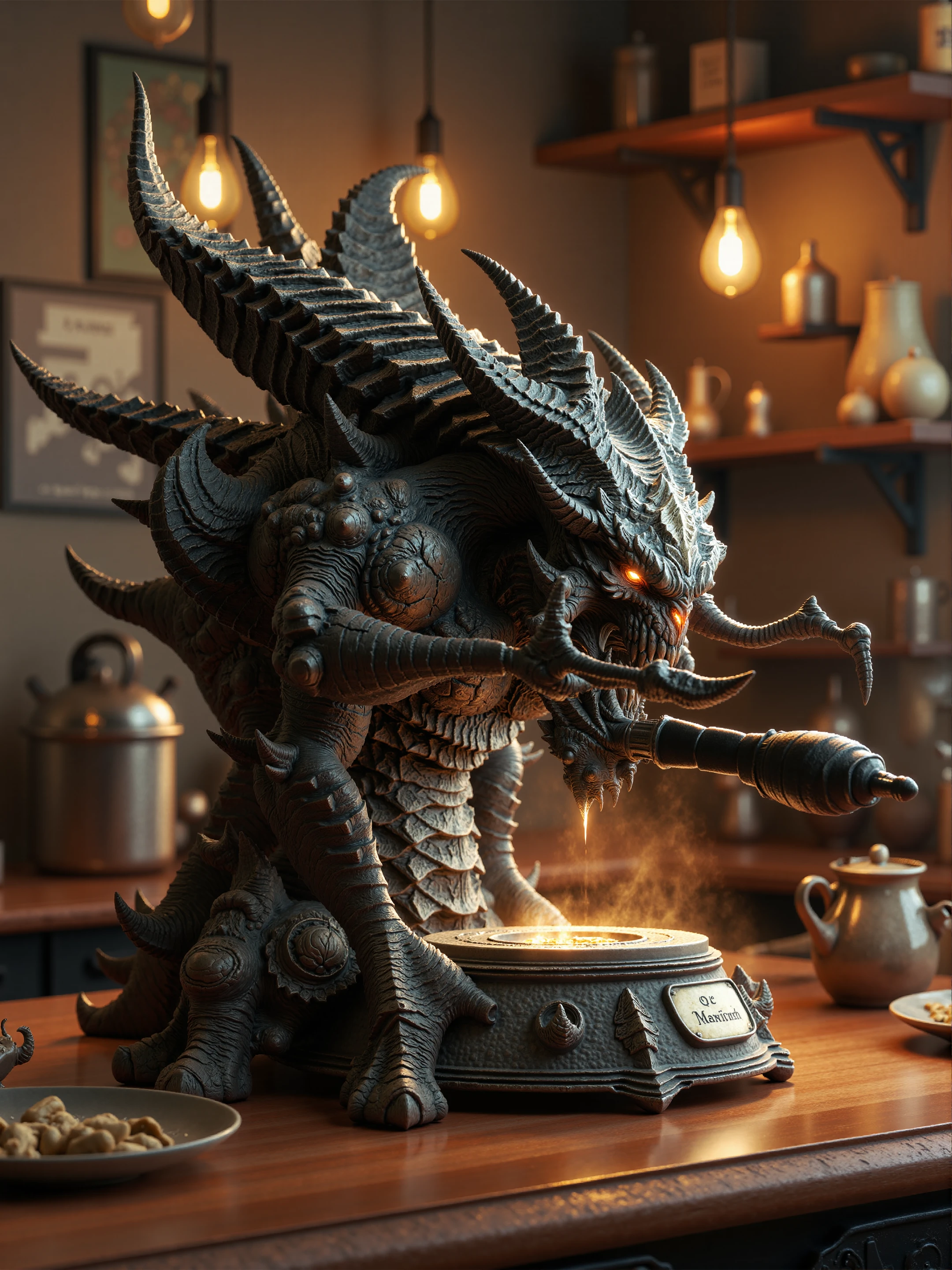 diablobylaushine,photorealistic detailed artwork of a professional coffee machine on table