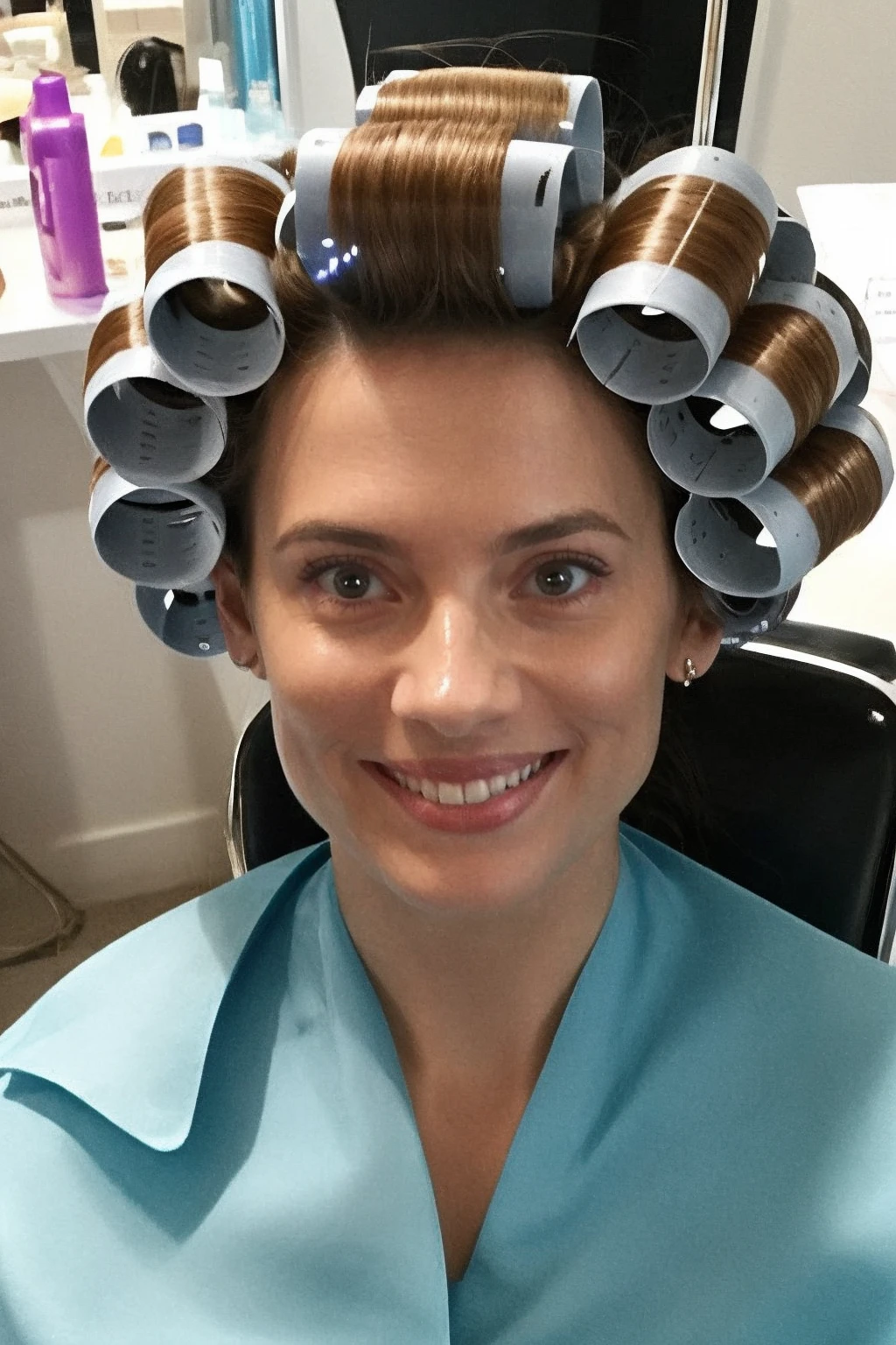 1girl, ultrarealistic, real photo, detailed skin, visible pores, pov, selfie, smile, from above, blurry background
 <lora:ha82_uk_lora_v02:1> ha82 <lora:haircurl:0.8> a woman getting hair rollers, at the hair salon