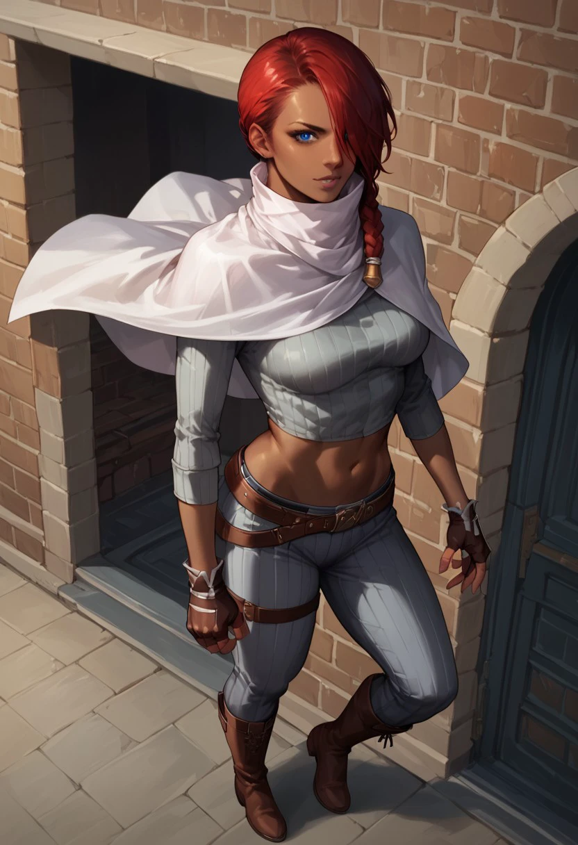 Score_9_up, score_8_up, score_7_up, source_realistic, BREAK 1girl, solo, Lucia, red hair, braid, hair over shoulder, hair over one eye, dark skinned female, dark skin, blue eyes, white capelet, grey ribbed crop top, midriff, long sleeves, belt, grey pants, boots, fingerless gloves,