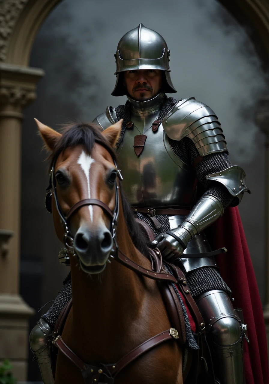 Historical Full Plate Armor, This photograph features a man dressed in elaborate, shiny silver armor, riding an armored horse inside the front area of a historical ancient castle in medieval times. The armor is medieval in style, complete with a helmet, shoulder guards, breastplate, gauntlets, and greaves, all reflecting the light, giving it a metallic sheen. The armor is adorned with intricate details, including a chainmail skirt and a red cloak draped over the shoulders and back, helmet visor closed,  dramatic epic scene, mist and smoke, cinematic, dramatic lighting. dramatic epic scene, mist and smoke, cinematic, dramatic lighting, dramatic epic scene, mist and smoke, cinematic, dramatic lighting
  <lora:Historical_Full_Plate_Armor-000007:0.8>  <lora:FluxDFaeTasticDetails:0.6> <lora:detailed photorealism style v3:0.6>