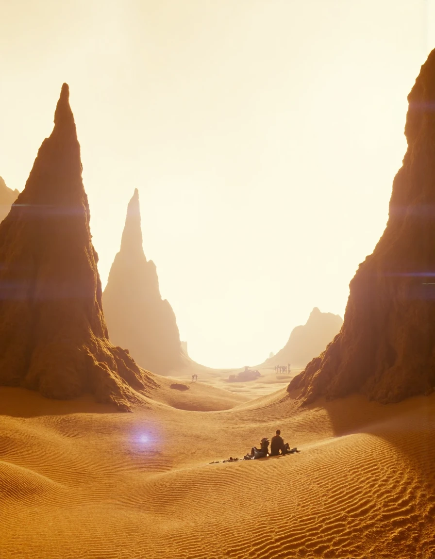 An alien desert stretches out under a blindingly bright sun, with the harsh light casting long, sharp shadows from jagged rocks. Heatwaves shimmer in the distance, and the sky is a washed-out pale white.<lora:sunshineF1:1>