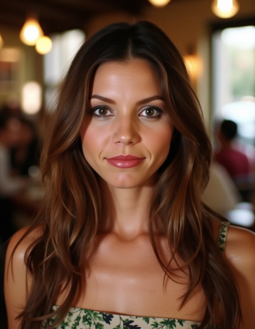 <lora:Cordelia_Chase_Flux:1> The image is a photograph of a young woman in her early 20s, long loosely styled brown hair, natural makeup look with a focus on her lips, high cheekbones, poised expression with a slight smile. standing in a cafe