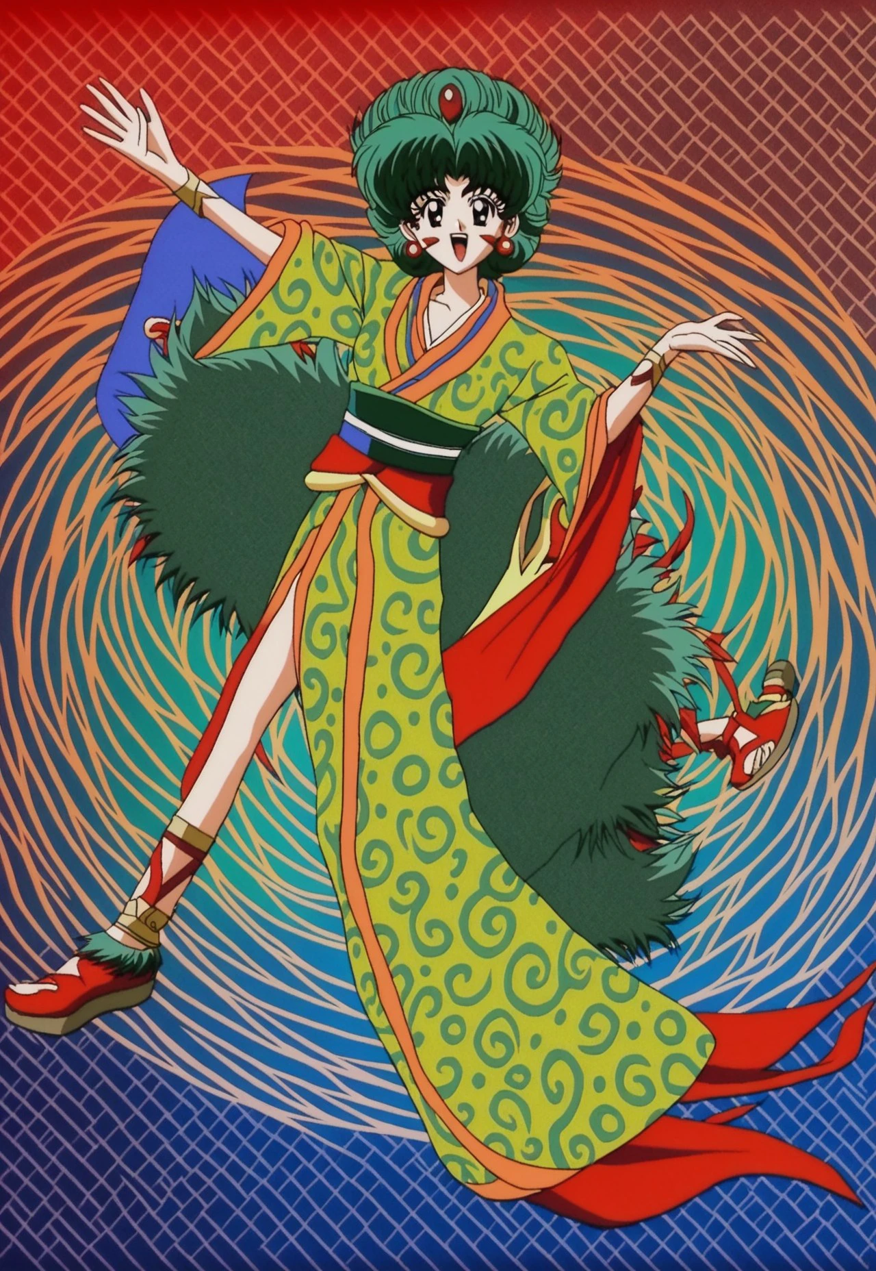 end, (anime styled dancer:1.3), (sprightly kimono fusion:1.4), (Irish cultural outfit:1.2), (futuristic yet retro:1.3), (2D fashion:1.1), (joyful expression:1.5), (dynamic pose:1.2), (vibrant colors:1.3), (whimsical background:1.2), (flowing fabrics:1.1), (celebration of life:1.4), lively and enchanting