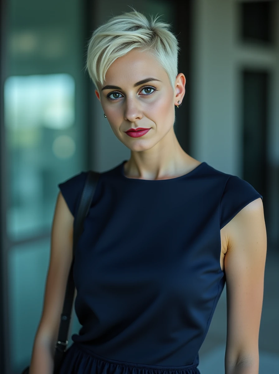 upper body portrait of a platinum-blonde woman. Her high detailed skin texture with skin details like pores, small hairs and subsurface scattering. She has short hair with an edgy cut. Her expression serious. She is wearing a sophisticated navy sheath dress with a peplum waist, cap sleeves, and a boat neckline, paired with pointed-toe pumps and a structured handbag.low angle shot, with cold color lighting. <lora:lisalora:1.2>