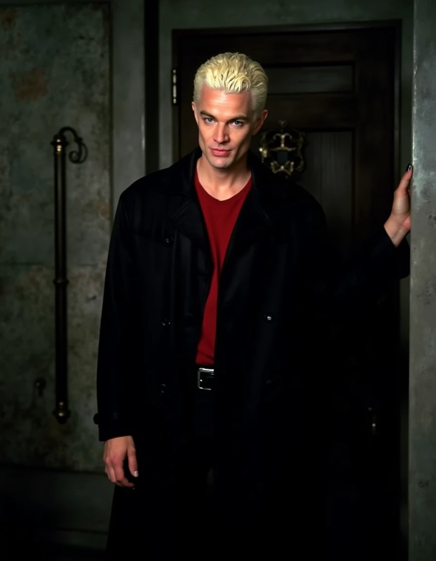 <lora:Spike_Flux:1>  This is an image of a man with bleach blonde short hair, blue eyes, mouth slightly open, with prominent cheekbones, looking at the viewer, smirk. wearing a black trench coat, red shirt, black fingernail polish. Standing inside of a mausoleum