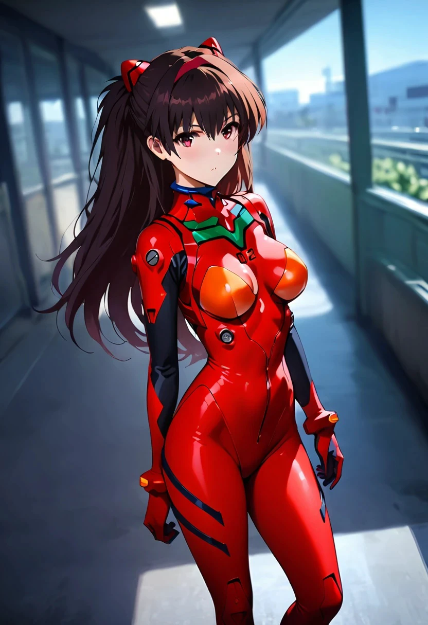 (masterpiece, best quality,solo:1.4),(1 woman,long black hair,:1.2),looking at viewer,large breasts,animetoreal,soft light, delicate face,1girl,standing, full body, souryuu asuka langley, neon genesis evangelion, rebuild of evangelion, plugsuit, pilot suit, red bodysuit,in campus