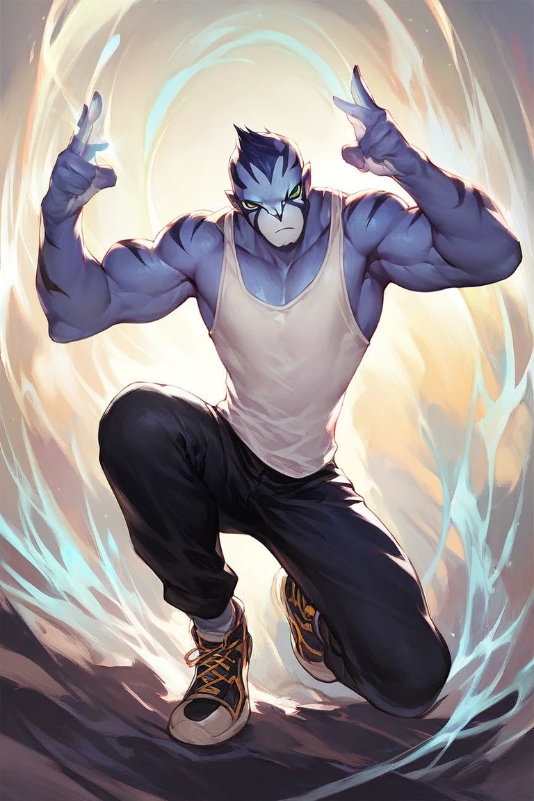 score_9, score_8_up, score_7_up, anime origin, alien rook blonko, dark blue fur, physically fit, tank top, pants, shoes, fighting pose, energy sphere in hands, full body, looking at viewer, front view