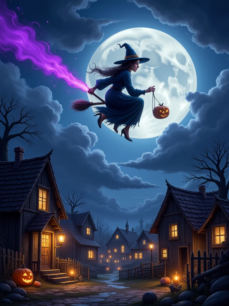A witch flying on her broomstick across the full moon, leaving a trail of magical purple dust behind her. Below, a small, crooked village is lit by glowing pumpkins and candles, with dark clouds swirling in the night sky.