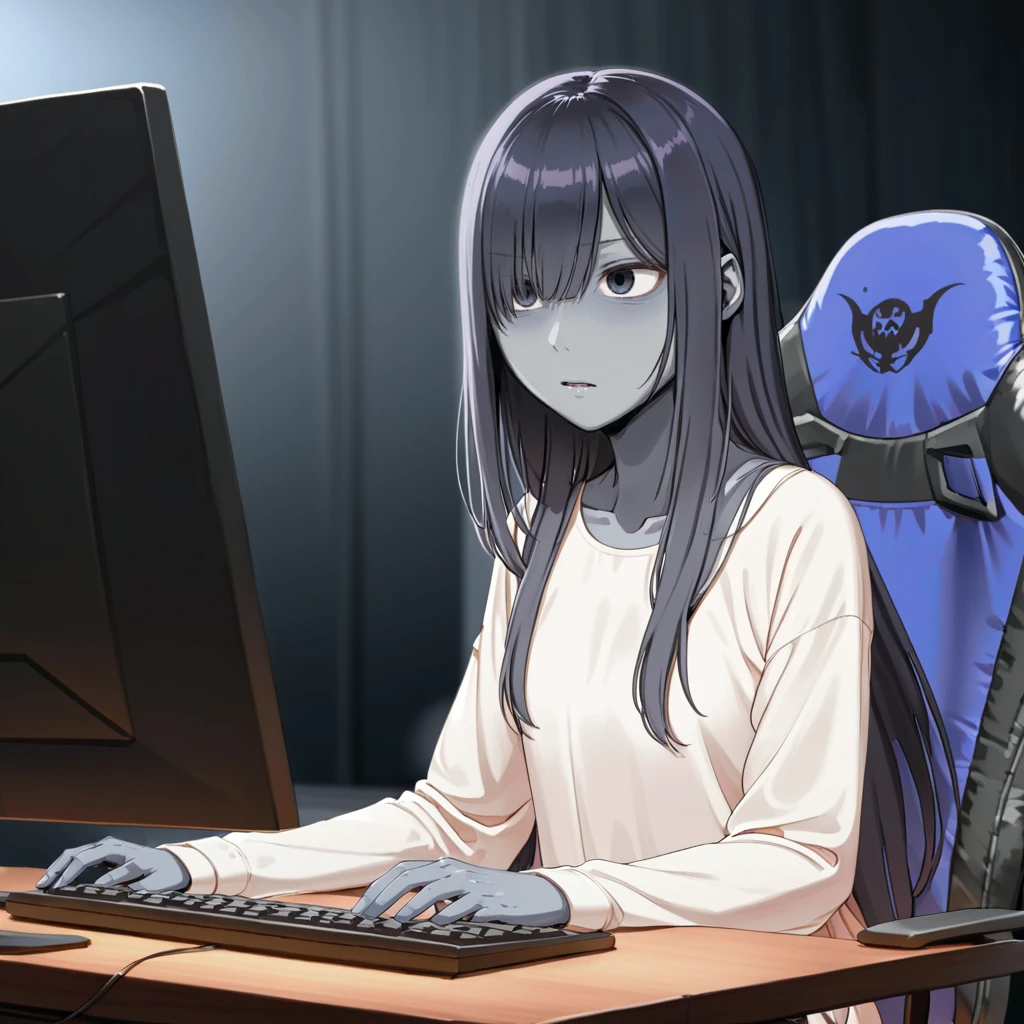 best quality, very aesthetic, absurdres, (cinematic angle:1.2), [(realistic:1)::0.3], <lora:StS_age_slider_v1_initial_release:1> ,<lora:Fixhands_anime_bdsqlsz_V1:1> 
girl using a computer,(yamamura sadako:1.2), black hair,straight hair,very long hair,long bangs,black eyes, (hair over one eye:1.6),sidelocks,(expressionless:1.2),(gray skin:1.3),white spooky dress, simple dress, long sleeves, [skinny::0.5], jitome, narrowed eyes, 
<lora:Using_a_computer:0:1>, <lora:DobunezuMix:0:0.9> ,<lora:Fixhands_anime_bdsqlsz_V1:1>,(dark room background:1.3), simple background, growing blue monitor, gaming chair,