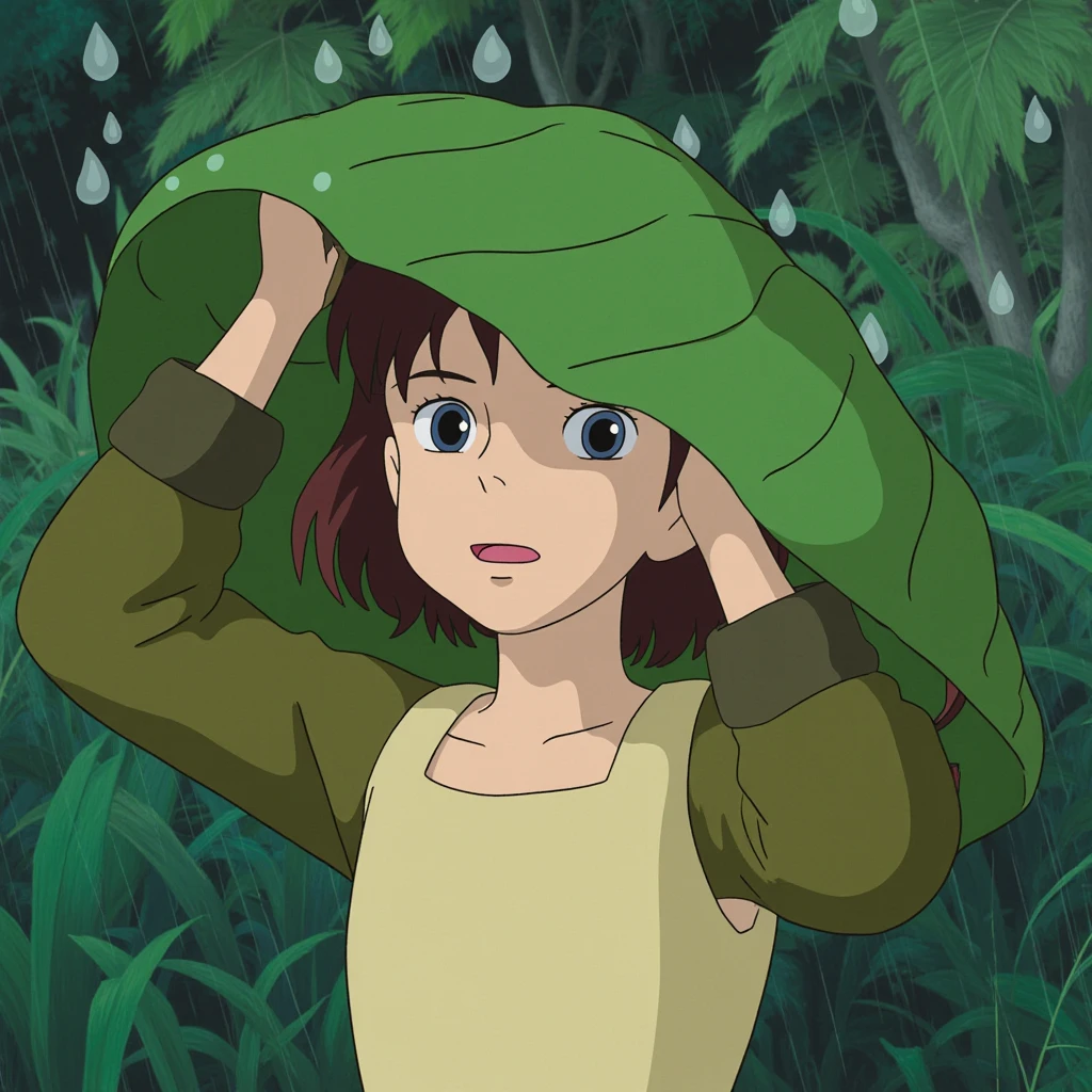 In style of Studio Ghibli. Scene from "Arrietty" film. This image is a digital drawing in the anime style, featuring a young woman with light brown, shoulder-length hair and large, expressive blue eyes. She has a fair complexion and is dressed in a simple, light-colored blouse with darker sleeves. She holds a large, green leaf over her head, providing partial cover from the rain. The background is lush with greenery, including tall grasses and broad leaves, indicating a forest or jungle setting. The rain is depicted with numerous droplets of varying sizes, some larger and some smaller, scattered across the scene. The young woman's face is slightly tilted upward, suggesting a mix of curiosity and concern as she observes the rain. The textures of the leaves and grass are detailed with a smooth, almost glossy finish, typical of digital art. The overall mood is serene yet slightly melancholic, with the rain adding a sense of isolation and introspection.