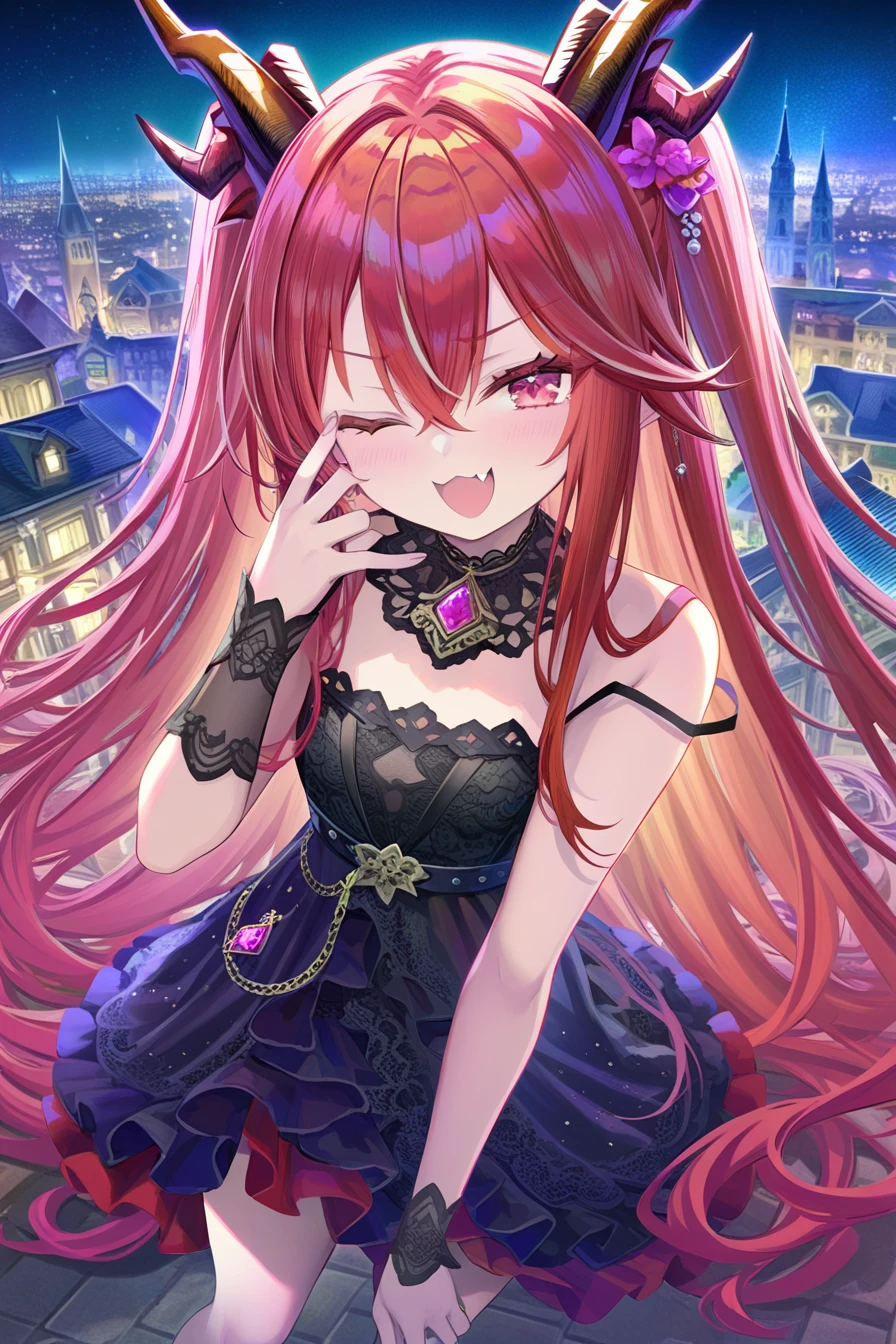 fuzichoco,torino aqua,rurudo,qys3,<lora:SUMG:1.1>,
naughty, smile,(provocatively) ,(Disdainfully), smile, open mouth,Hand to mouth,(SMUG),solo,masterpiece, best quality, smug, naughty_face, eyelid pull ,open mouth,
two side up,standing,hair flowing over,eyelid pull, evil smile,rooftop,night, finger to eye,:p,strap slip,dress lift,
masterpiece, newest, absurdres,SUMG,
red hair,character design, masterpiece, best quality, highly detailed, illustration, beautiful detailed girl, (1girl, solo, full body,:1.1), (European dragon girl:1.2),pink eyes, hair between eyes, very long hair, red hair,hair tucking, head tilt, external,(one eye closed:1.2),(dragon horns:1.3),Characters occupy the main body,(dragon tail:0.8),