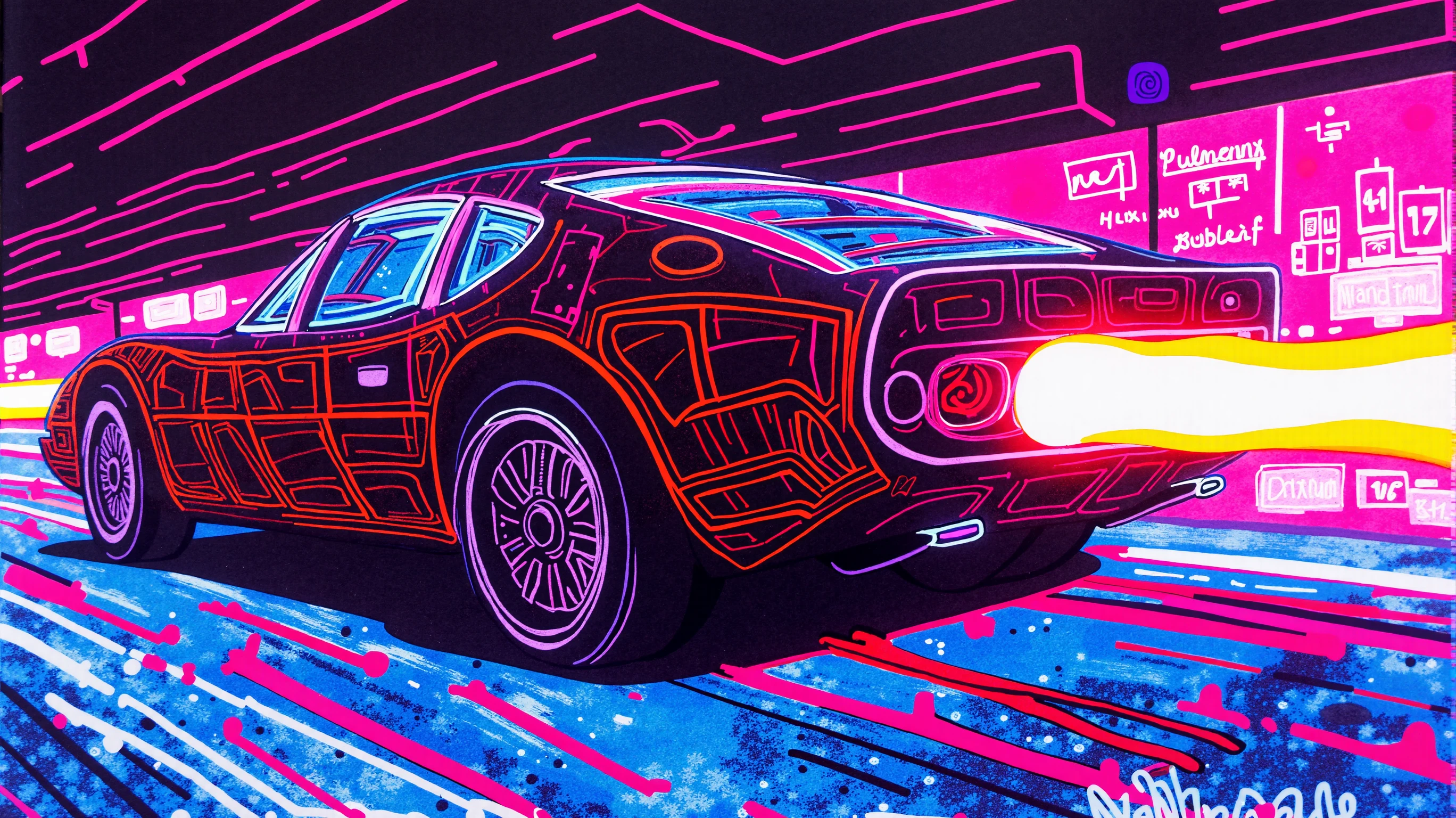 nescrip, A futuristic car speeding down a highway, neon lights reflecting off its sleek surface, captured in a sketchy scribble illustration with bright neon streaks