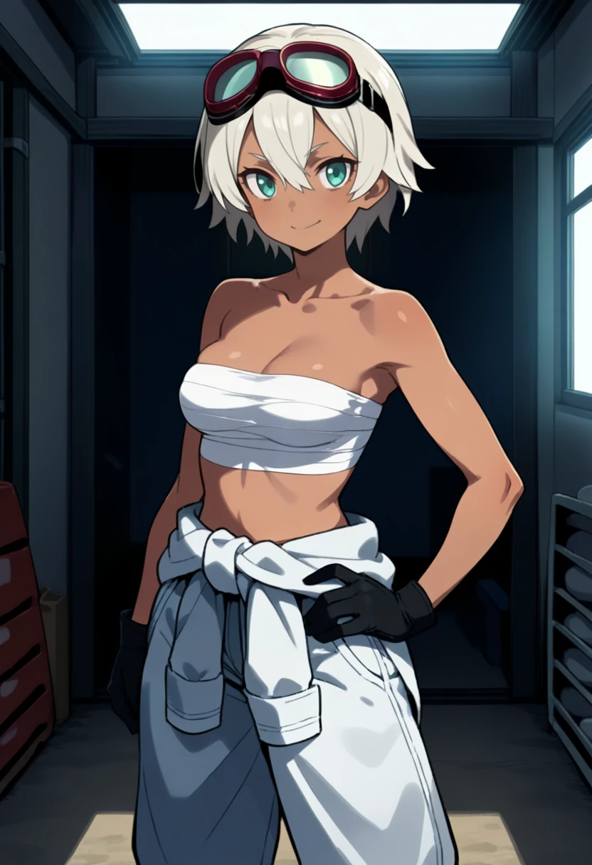 masterpiece, best quality, good quality, 
1girl, tan body, woman, platinum blonde hair, teal eyes, sarashi, black gloves, closed mouth, medium breasts, full body, goggles on head, hair between eyes, hand on own hip, short hair, jumpsuit around waist, looking at viewer, shoes, smile, solo, standing, cowboy shot, white hair, white jumpsuit, indoors, garage,