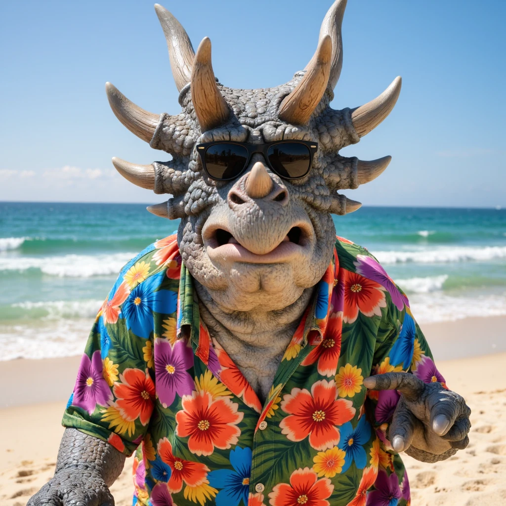 photo realistic, MrRichfield dinosaur, wearing colorful hawaii shirt and sunglasses, at beach <lora:MrRichfield_Flux_v1:1.3>