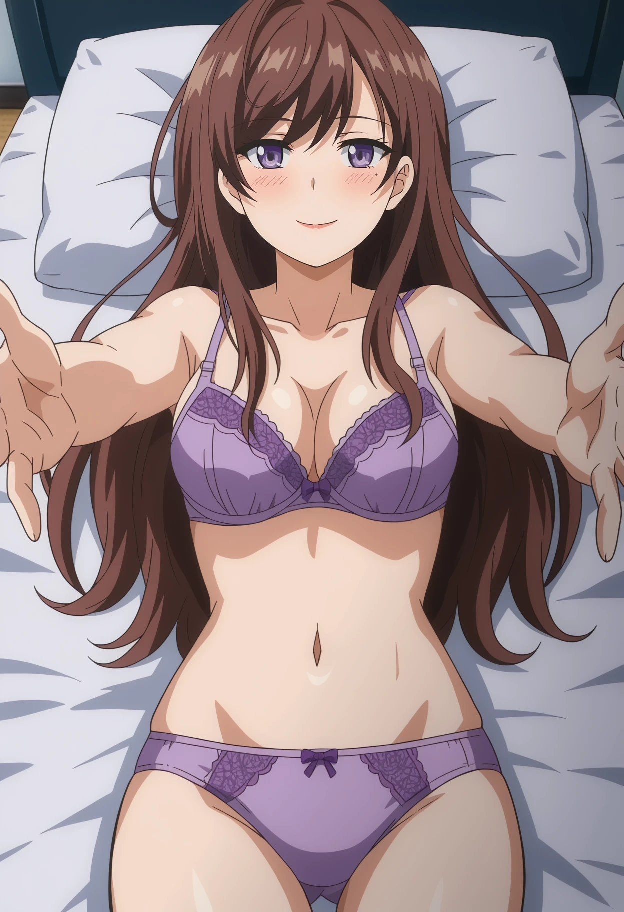 mamako, 1girl, solo, long_hair, breasts, looking_at_viewer, blush, smile, open_mouth, bangs, large_breasts, simple_background, brown_hair, white_background, bow, navel, cleavage, bare_shoulders, medium_breasts, underwear, purple_eyes, collarbone, panties, braid, cowboy_shot, lying, shiny, on_back, armpits, stomach, bra, arm_up, shiny_hair, groin, shiny_skin, underwear_only, lingerie, panty_pull, bow_panties, lace, breasts_apart, bright_pupils, french_braid, white_pupils, mature_female, purple_panties, purple_bra, open_bra, unfastened