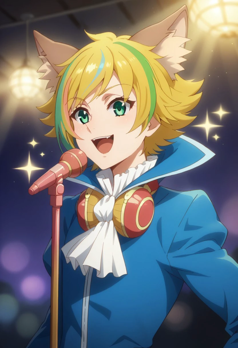 score_9, score_8_up, score_7_up, source_anime, highly detailed, 
shuzo, 1boy, male focus, solo, blonde hair, green hair, multicolored hair, streaked hair, animal ears, fox ears, green eyes, shirt, white shirt, ascot, jacket, blue jacket, high collar, upper body, happy, sparkle, open mouth, hold, holding microphone, singing,
indoor, stage, lights,