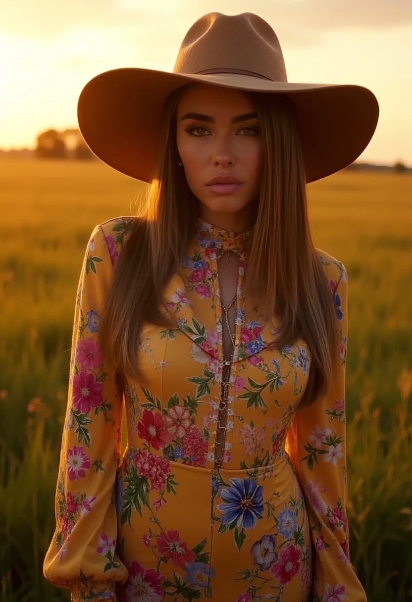 woman, heavy makeup, direct eye contact, at a peaceful countryside meadow at sunset. She’s wearing a floral, high-necked dress with long sleeves, and a wide-brimmed hat to shield her face from the sun, m4d1s0n