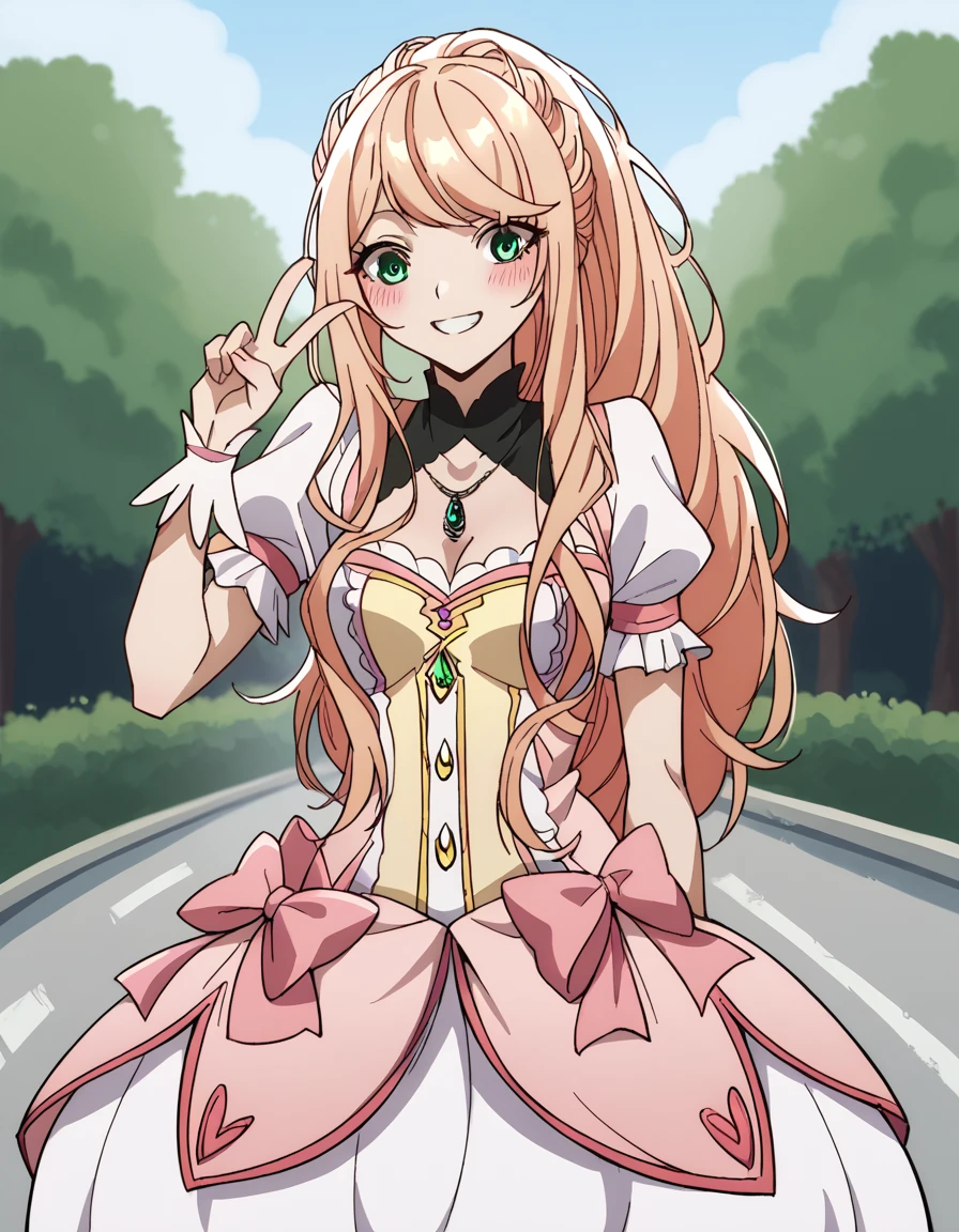 score_9, score_8_up, score_7_up, source_anime, <lora:lexia-von-arselia-s1-ponyxl-lora-nochekaiser:1>, lexia von arselia, long hair, blonde hair, green eyes, ponytail, pink hair, medium breasts,, <lora:kaname-madoka-cosplay-ponyxl-lora-nochekaiser:1>, kanamemadokacosplay, kaname madoka (cosplay), chest jewel, dress, frilled dress, frills, magical girl, neck ribbon, pink dress, puffy short sleeves, puffy sleeves,, outdoors, streets, smile, blush, v, v over eye, , cowboy shot, dutch angle,