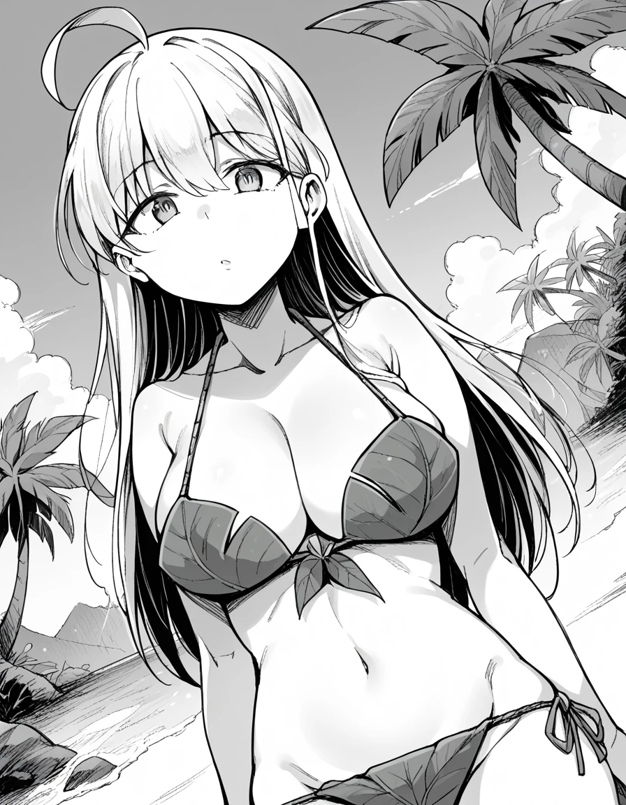 score_9, score_8_up, score_7_up, source_anime, <lora:flanvia-sister-manga-ponyxl-lora-nochekaiser:1>, sister, ahoge, bangs, long hair, side locks, monochrome, greyscale, large breasts,, <lora:leaf-bikini-ponyxl-lora-nochekaiser:1>, leaf bikini, navel, midriff, cleavage, bare shoulders, collarbone,, outdoors, beach, sand, palm tree, jungle, trees, , cowboy shot, dutch angle,