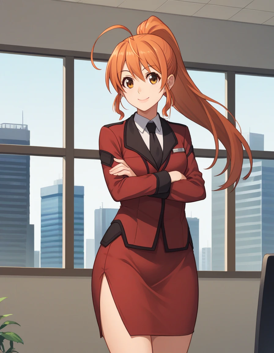 score_9, score_8_up, score_7_up BREAK 1girl, solo, yamabuki rin, orange hair, long hair, ponytail, ahoge, (lipstick:0.7), smile, military uniform, red clothing, black necktie, pencil skirt, side slit, crossed arms, cowboy shot, front view, indoors, large window, office, buildings, skyscraper <lora:yamabuki_rin_pdxl_v0:0.8>