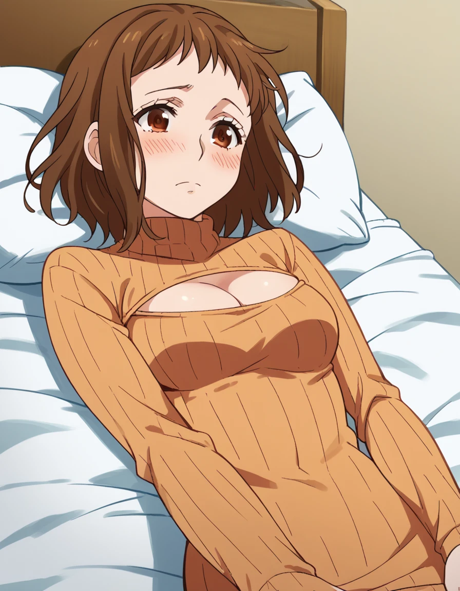 score_9, score_8_up, score_7_up, source_anime, <lora:miou-aida-movie-ponyxl-lora-nochekaiser:1>, miou aida, short hair, brown hair, brown eyes, medium breasts, <lora:open-chest-sweater-ponyxl-lora-nochekaiser:1>, open-chest sweater, ribbed sweater, cleavage cutout, meme attire, clothing cutout, turtleneck, sweater dress, cleavage, clothes tug, sweater pull, cleavage reach,, indoors, bed, bed room, blush, on bed, on back, , cowboy shot, dutch angle,