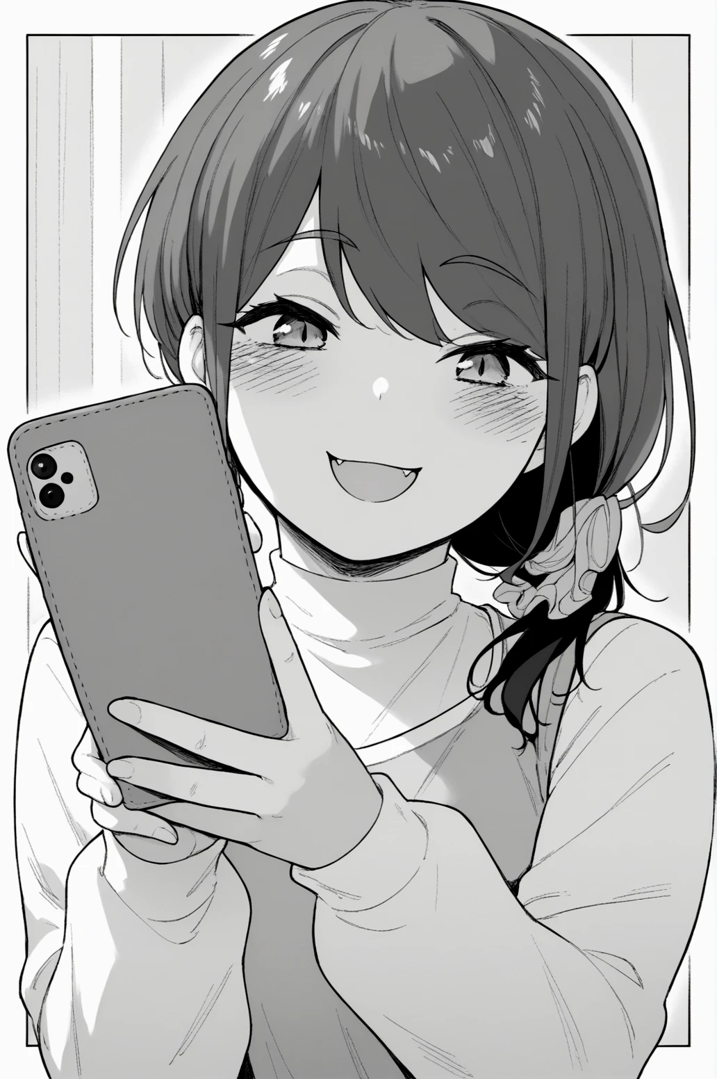 score_9, score_8_up, score_7_up, monochrome, manga_source, best background, detailed background, manga, grayscale Kurumi, blush, cellphone, fang, holding, looking at viewer, open mouth, phone, smile, solo <lora:JN_Kurumi:0.8>