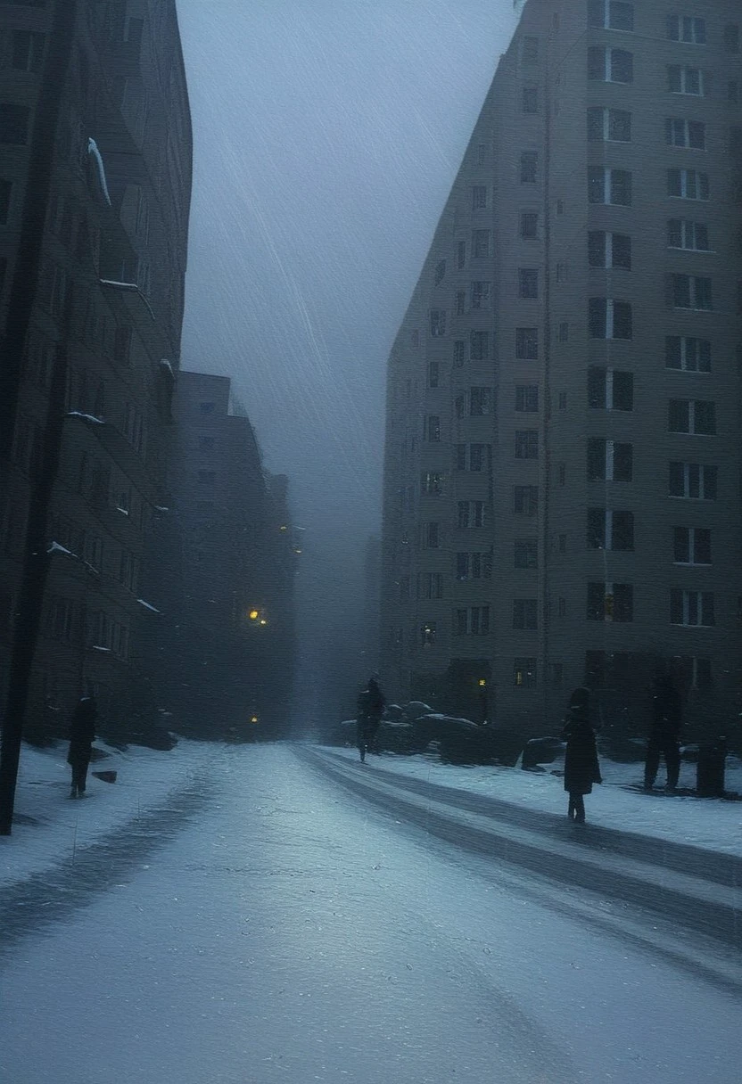 USSR Vibes, Russian Apartments, buildings, road, rainy, snow, melanchonic,