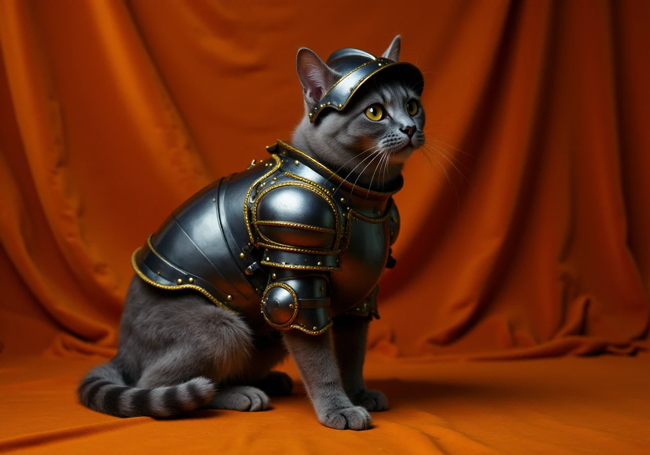 HFPA, Historical Full Plate Armor, The image is an oil painting of a grey British Shorthair cat dressed in medieval knight's suit of armor for cats, set against a dark orange, velvety fabric backdrop. The armor is made of polished black metal with golden trim, giving it a reflective, mirror-like finish. The suit is a full-body armor, covering the cat's torso, front legs, and back legs, with intricate details and rivets that give it a medieval, historical appearance, cat is wearing a historical helmet on its head,  dramatic epic scene, mist and smoke, cinematic, dramatic lighting
  <lora:Historical_Full_Plate_Armor-000007:0.8>  <lora:FluxDFaeTasticDetails:0.6> <lora:detailed photorealism style v3:0.6>