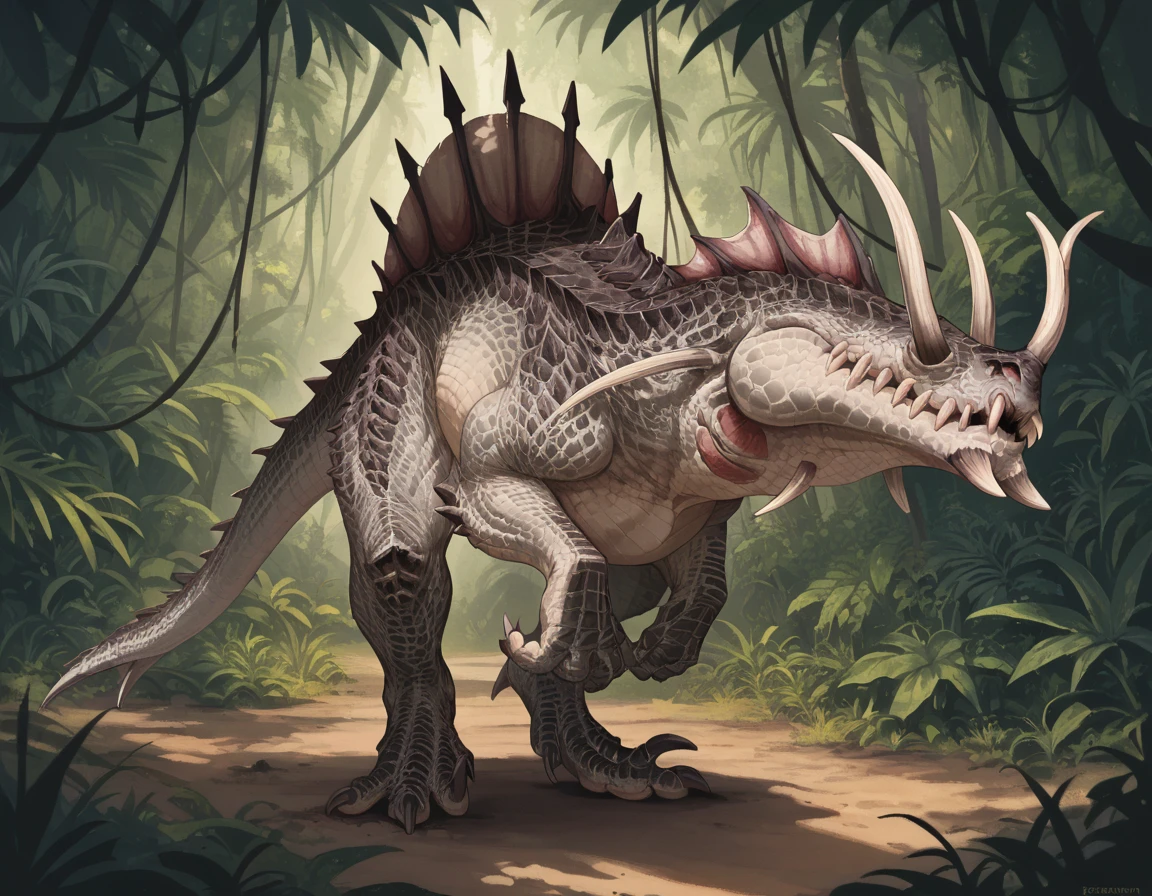 Score_9, Score_8_up, Score_7_up, 2d, source_cartoon, cartoon, jungle, deep jungle, tropical, dappled light,
Troglodon, monster, scales, no eyes, hair over eyes, spikes, horns, claws, solo, forked tail,
 <lora:Troglodon_PonyXL:0.8>