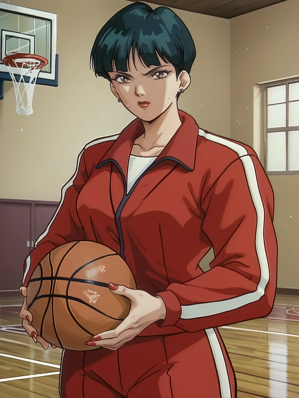 1girl, solo, <lora:Ms. Aoba (La Blue Girl):0.85> lbgaoba, score_7_up
red tracksuit, holding basketball, backetball hoop