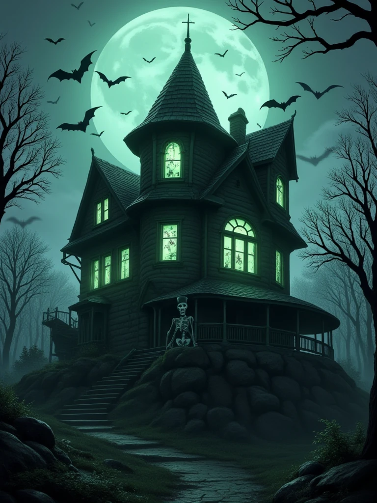 A spooky Victorian mansion perched on a hilltop, surrounded by a dark forest. Bats swarm around the pointed roof while eerie green lights shine through cracked windows. A skeleton in a top hat stands on the porch, greeting visitors.