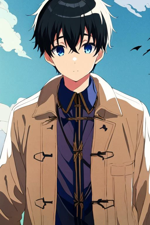 masterpiece, best quality, high quality, 1boy, solo, male focus, looking at viewer, upper body, <lora:youta_narukami:0.54>, youta_narukami, blue eyes, black hair, hair between eyes, , coat