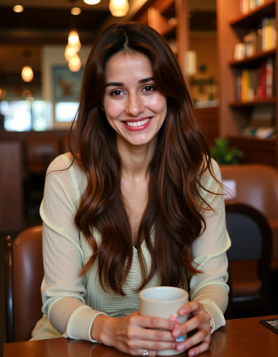 A charming portrait of D1sh4, an 29-year-old Indian woman, sitting in a cozy cafe.

Subject: D1sh4 is seated comfortably on a stylish chair, holding a coffee cup in one hand and looking straight at the camera. Her expression is warm and inviting, with a gentle smile playing on her lips. Her long, flowing brown hair cascades over her shoulders, framing her youthful face. Her fair skin has a natural, healthy glow enhanced by the warm lighting of the cafe.

Background: The cafe setting is warm and inviting, with soft, out-of-focus elements that suggest a cozy atmosphere. Wooden tables, bookshelves, and warm-toned decor create a comfortable ambiance without distracting from the subject.

Foreground: D1sh4's hands are visible, gracefully holding a ceramic coffee cup. The table in front of her is partially visible, perhaps with a book or a small plant to add depth to the scene.

Camera angle: A straight-on, medium close-up shot that captures D1sh4 from the waist up, allowing the viewer to see her seated posture and the coffee cup in her hand. The camera is positioned at eye level, creating a direct and engaging connection with the subject.