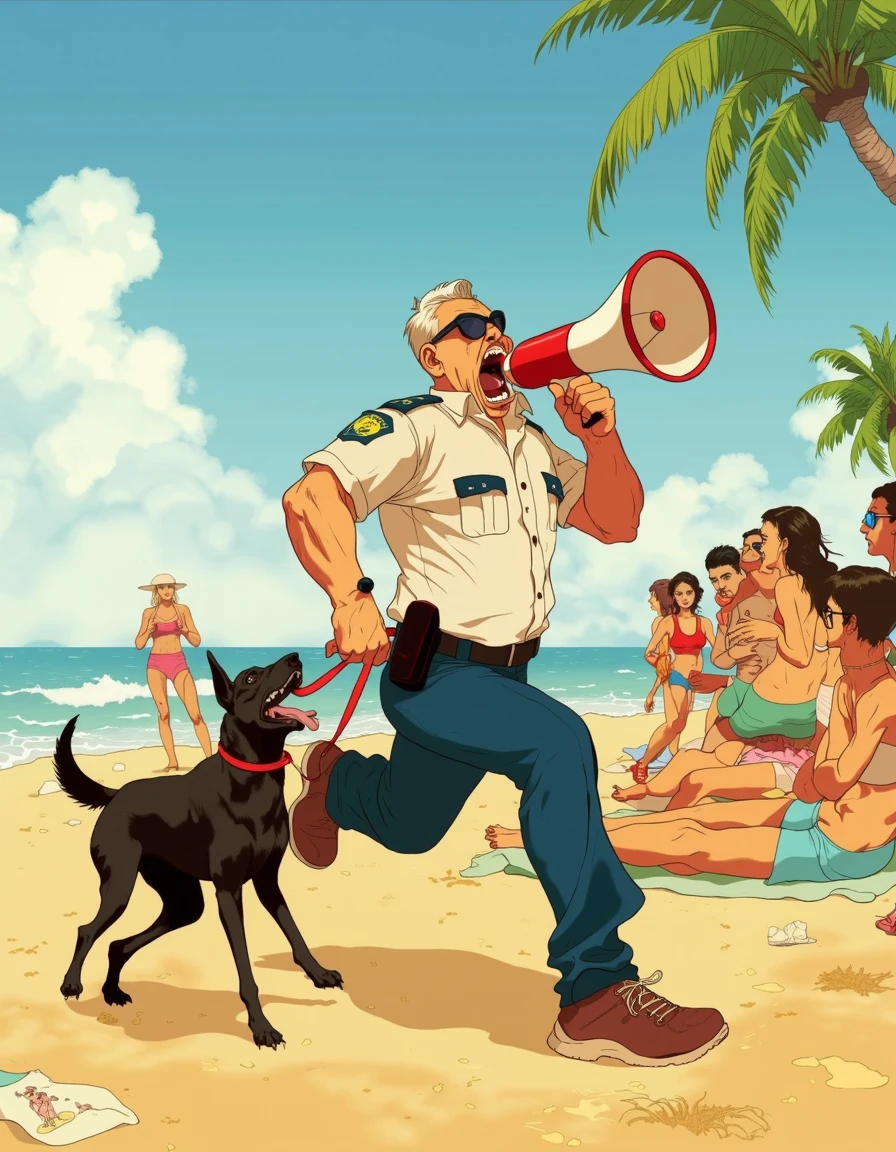 toha, angry police officer with grotesque open mouth and sunglasses running on the beach stepping over sunbathing women yelling into a megaphone holding a black dog on a leash, clouds