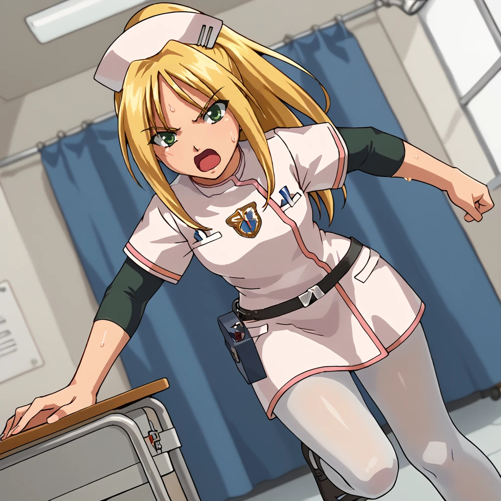 score_9, score_8_up, score_7_up, 1girl, solo, uncensored, angelathompson, serious, looking at viewer, shouting,  holding first aid kit, running, sweat, dutch angle, dynamic pose, action lines, blonde hair, green eyes, nurse cap, white nurse uniform, black sleeves, white pantyhose, indoors, hospital, operating table, surgery <lora:AngelaThompsonXL_v1.0:1>