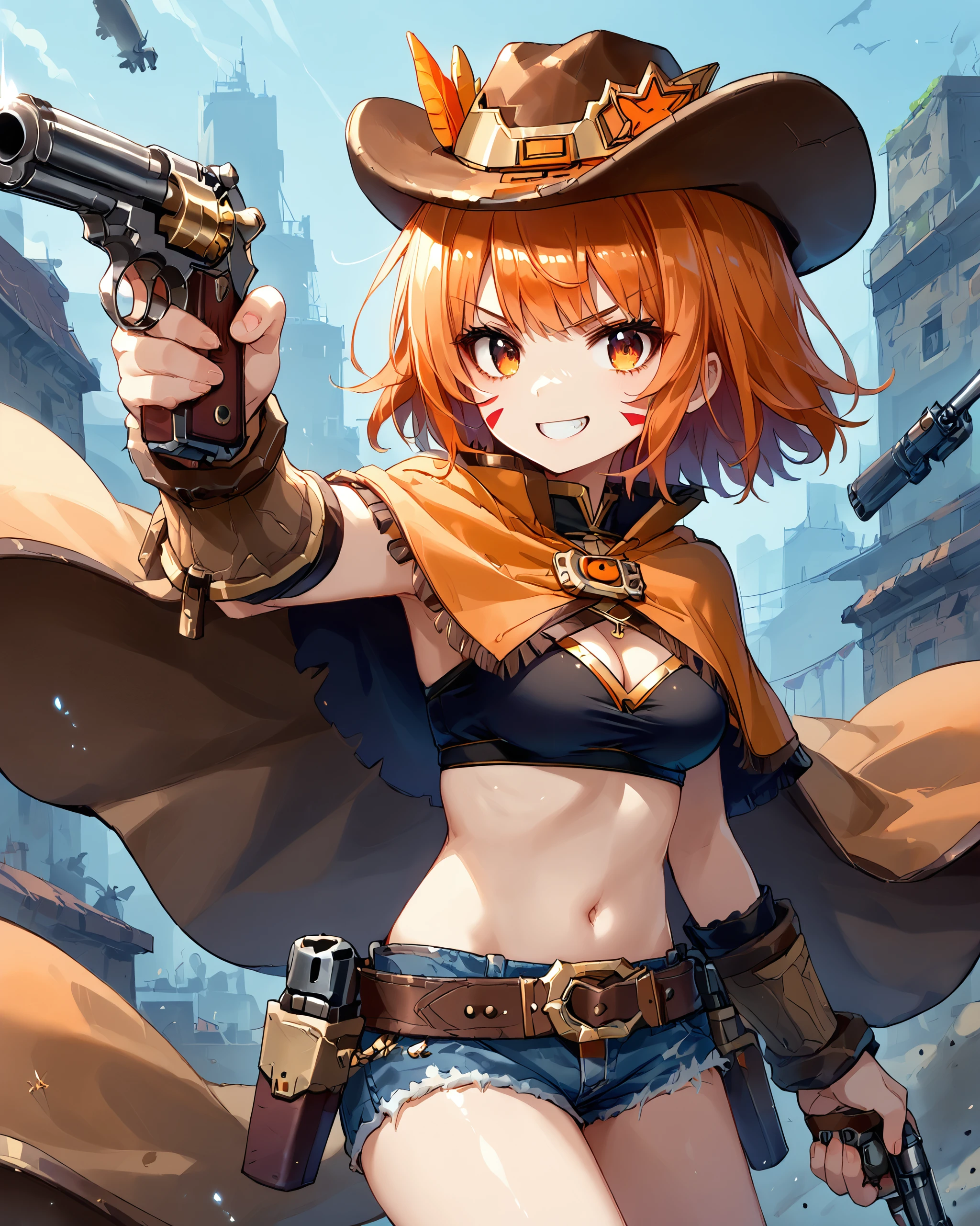 score_9, score_8_up, score_7_up, source_anime, rating_safe, <lora:conycheriff_v0.2-07:0.9>, conycheriff, 1girl, solo, short hair, orange hair, orange eyes, red facial marking, cowboy hat, black bandeau, cleavage, medium breasts, capelet, fringe trim, cutoff, midriff, navel, smiling, belt, bracers, denim shorts,  <lora:Pony_Weapon_Pistol_-_By_HailoKnight:0.6> , gun, revolver, holding gun, aiming pistol, <lora:[PonyXL] Dynamic Poses (N4Talent):2>, dynamic pose,