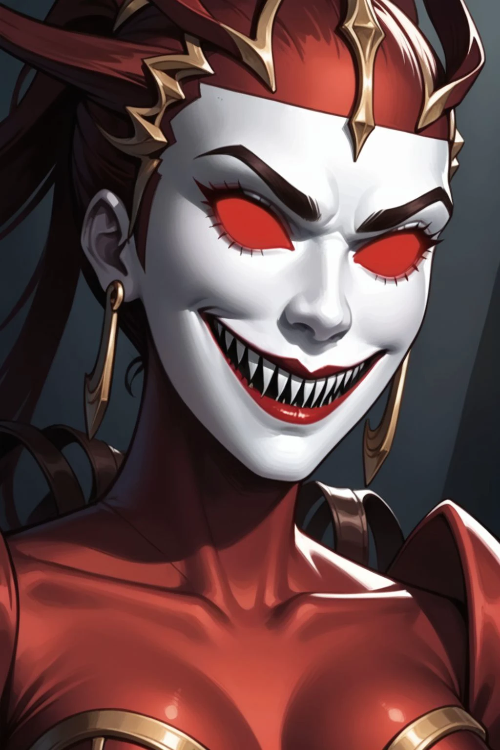 score_9, score_8_up, score_7_up, masterpiece, ((rating_safe)), high quality, highres RAW photo, (close-up)
solo, hexadecimalevilreboot, 1girl, ((mask)), lipstick, red eyes, glowing eyes, ((no pupils)), (teeth, sharp teeth, evil mask sharp teeth grin), horns crown, red latex, bodysuit, armor, gloves, ribbons cape, breasts, large breasts, <lora:HexaDecimalEvil_ReBoot_Pony-000008:0.75>
(skinny, thin), eye contact, tiny waist, (posing for a photo, sexy pose, dynamic angle)
((futuristic science fiction)) , in a science fiction dystopia, indoors, dynamic lighting