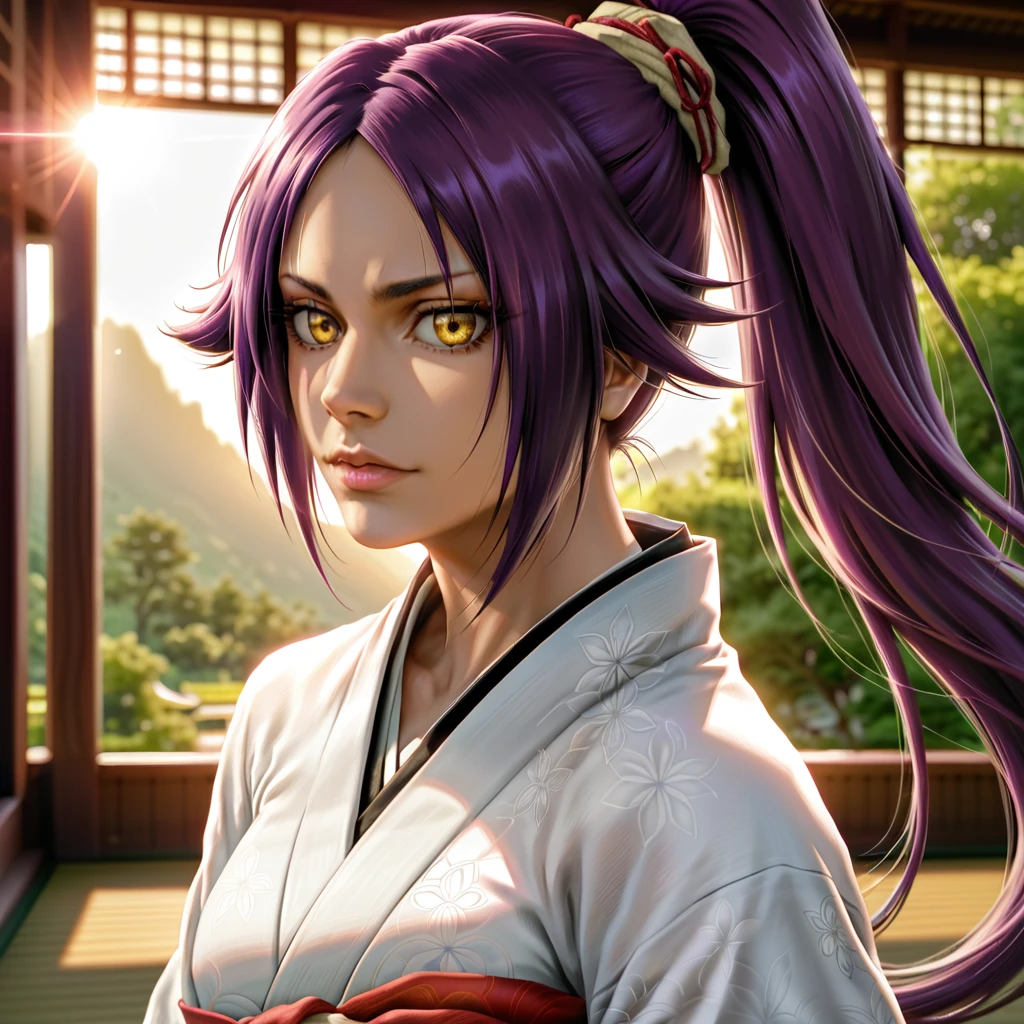 shihouin yoruichi,
detailed yellow eyes,purple hair,shoulder view,
realistic,high definition,detailed shadows,backlighting,dynamic lighting,beautiful artwork,highres,ray tracing,absurdres,close-up,wallpaper,outdoors,
kimono,
bleach,