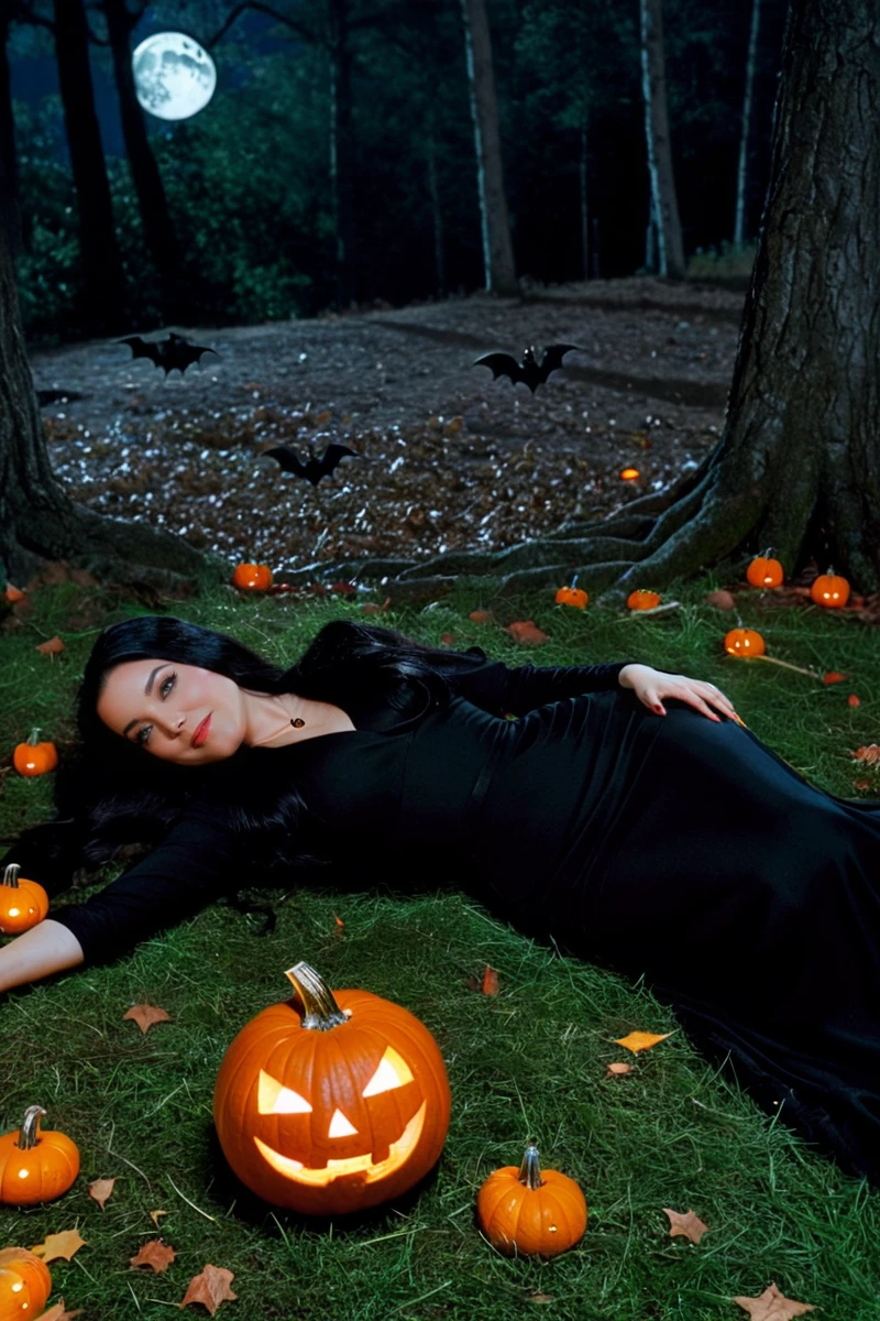 hires digital photo, photorealism, simple background, from side, high angle, c4r0ylnj0ne3 solo, upper body, lying sideways on ground, looking away, holding a pumpkin and carving knife, candlesticks on ground, long black hair, black dress, outdoors, night, dark forest, trees, flying bats, moon, stars <lora:c4r0ylnj0ne3XL:1>, intricate details, high resolution,