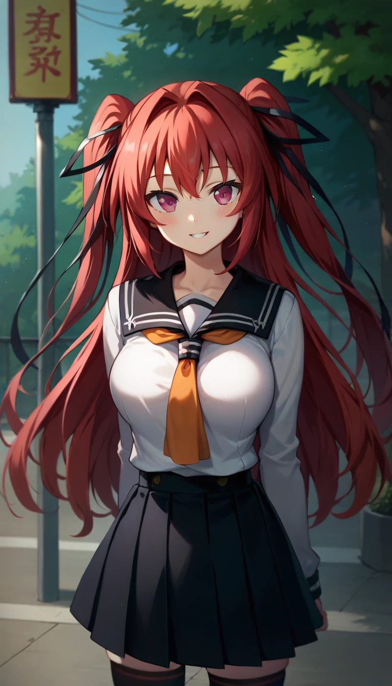 score_9,score_8_up,score_7_up,score_6_up BREAK official art,solo,outdoors,upper body,(portrait:1.5),looking at viewer,facing viewer,smile,blush,Naruse mio,very long hair,red hair,twintails,two side up,hair intakes,hair ribbon,black ribbon,sidelocks,pink eyes,school uniform,black sailor collar,white shirt,orange necktie,large_breasts,skindentation,long sleeves,miniskirt,black skirt,pleated skirt,zettai ryouiki,bow legwear,black thighhighs,loafers,<lora:Naruse mio(ttsnd)-Pony:1.6>,