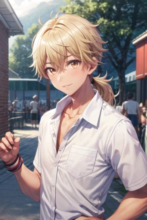 masterpiece, best quality, high quality, 1boy, solo, male focus, looking at viewer, upper body, <lora:ashura_kokuhou:0.70>, ashura_kokuhou, brown eyes, blonde hair, ponytail, ,