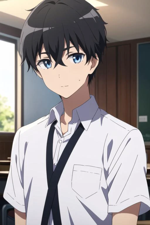 masterpiece, best quality, high quality, 1boy, solo, male focus, looking at viewer, upper body, <lora:youta_narukami:0.54>, youta_narukami, blue eyes, black hair, hair between eyes, , school uniform