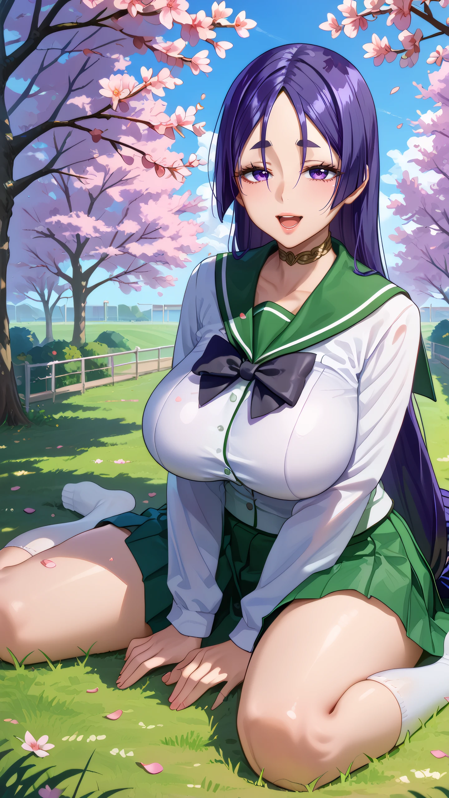 score_9, score_8_up, score_7_up, 1girl, looking at viewer, cowboy shot,
minamoto_no_raikou_(fate), purple hair, long hair, thick eyebrows, eyelashes, parted bangs, purple eyes, forehead, choker, hotd_school_uniform, school uniform, serafuku, green skirt, pleated skirt, black bowtie, <lora:HOTD_Uniform_Dwnsty-000008:0.8>,
mature female, huge breasts, skindentation, lips, open mouth, happy, w sitting, wariza, <lora:Wariza__Concept_Lora:0.8>, thick thighs, feet, white socks, kneehighs, 
outdoors, school yard, falling petals, cherry blossoms, grass,