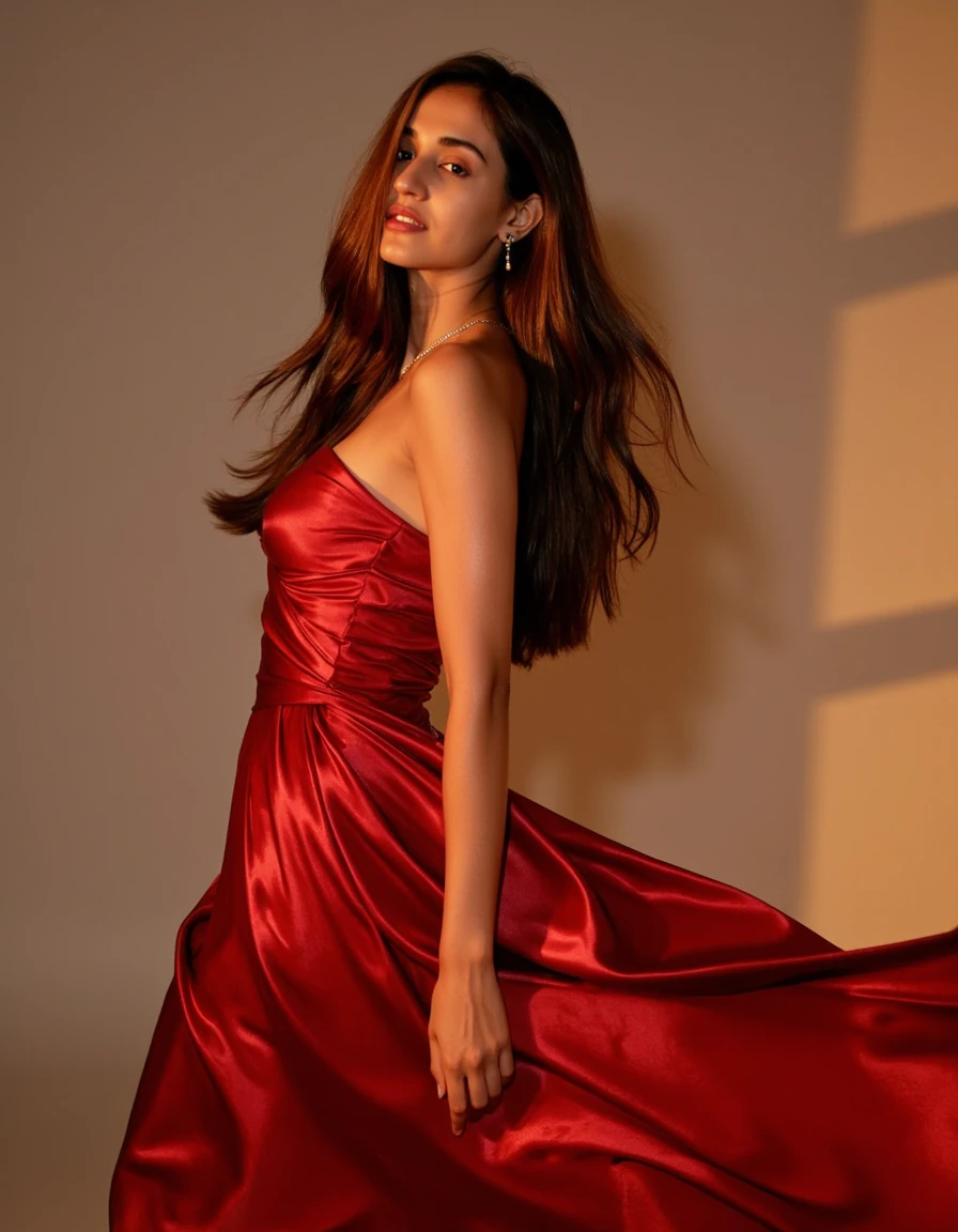 A stunning portrait of D1sh4, an 18-year-old Indian woman with long, flowing brown hair and fair skin, wearing a luxurious red satin dress.

Subject: D1sh4 stands confidently, her graceful pose exuding poise and elegance. Her long, silky brown hair cascades over her shoulders, framing her youthful face. Her fair skin has a natural, healthy glow. Her expression is serene and self-assured, with a hint of a smile playing on her lips.

Background: The setting is minimalist and refined, with a soft gradient of warm, neutral tones that complement the subject's skin and dress. Subtle, diffused lighting creates a gentle ambiance, enhancing the overall elegance of the scene.

Foreground: The luxurious red satin dress is the focal point, shimmering with a soft glow that emphasizes its smooth, elegant texture. The dress drapes beautifully over D1sh4's figure, its rich color contrasting beautifully with her fair skin. Gentle folds in the fabric create interesting plays of light and shadow, adding depth to the image.

Camera angle: Medium close-up shot, slightly angled to capture the elegant flow of the dress and the subject's graceful pose. The camera is positioned at eye level, creating an intimate yet respectful perspective.