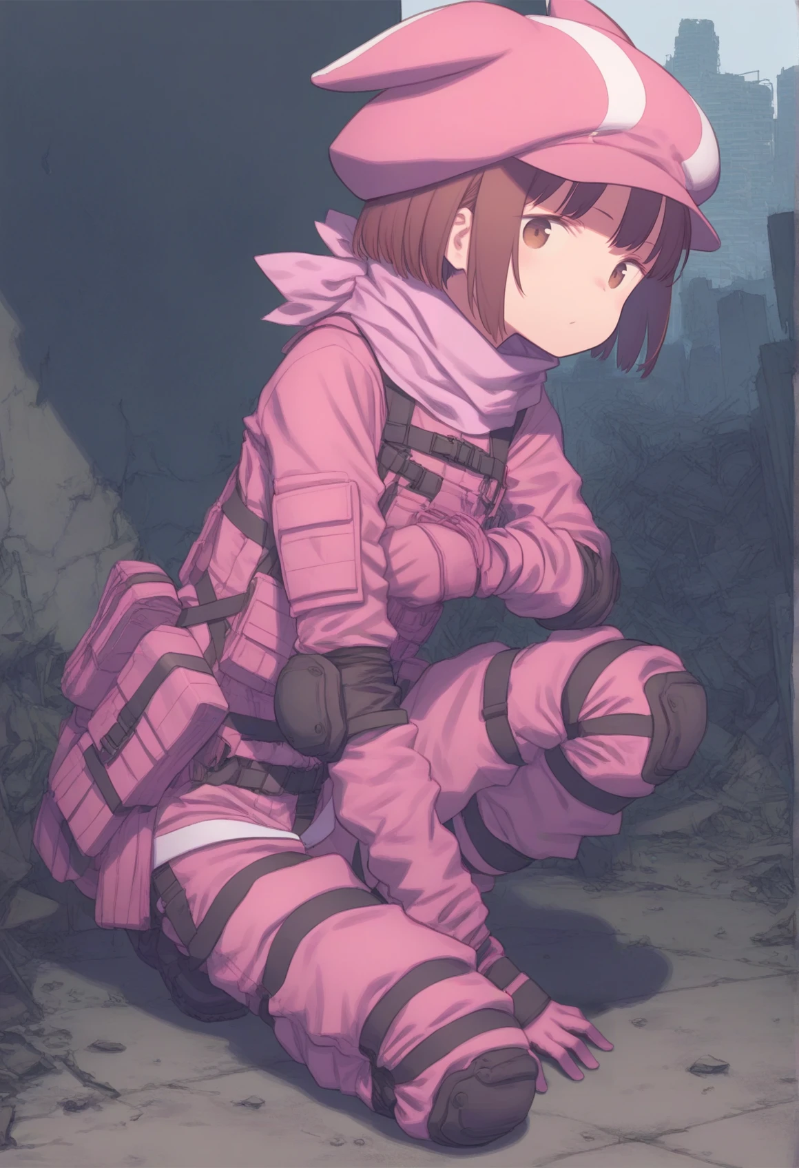 1girl, brown hair, short hair, brown eyes, pink animal hat, pink scarf, pink tactical clothes, harness, gloves, knee pads, elbow pads, p90, on one knee, outdoors, post-apocalypse, ruins <lora:Llenn_Illus:0.7> kuroboshi kouhaku, masterpiece, best quality, amazing quality, very aesthetic, absurdres, highres, newest